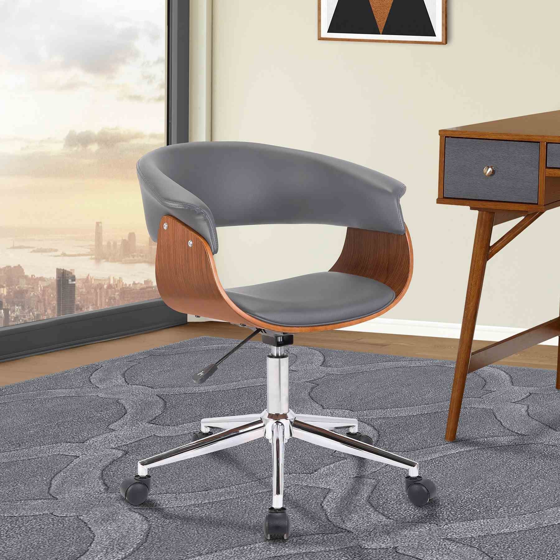 Bellevue Mid-Century Office Chair in Chrome Finish with Gray Faux Leather and Walnut Veneer - Image 7