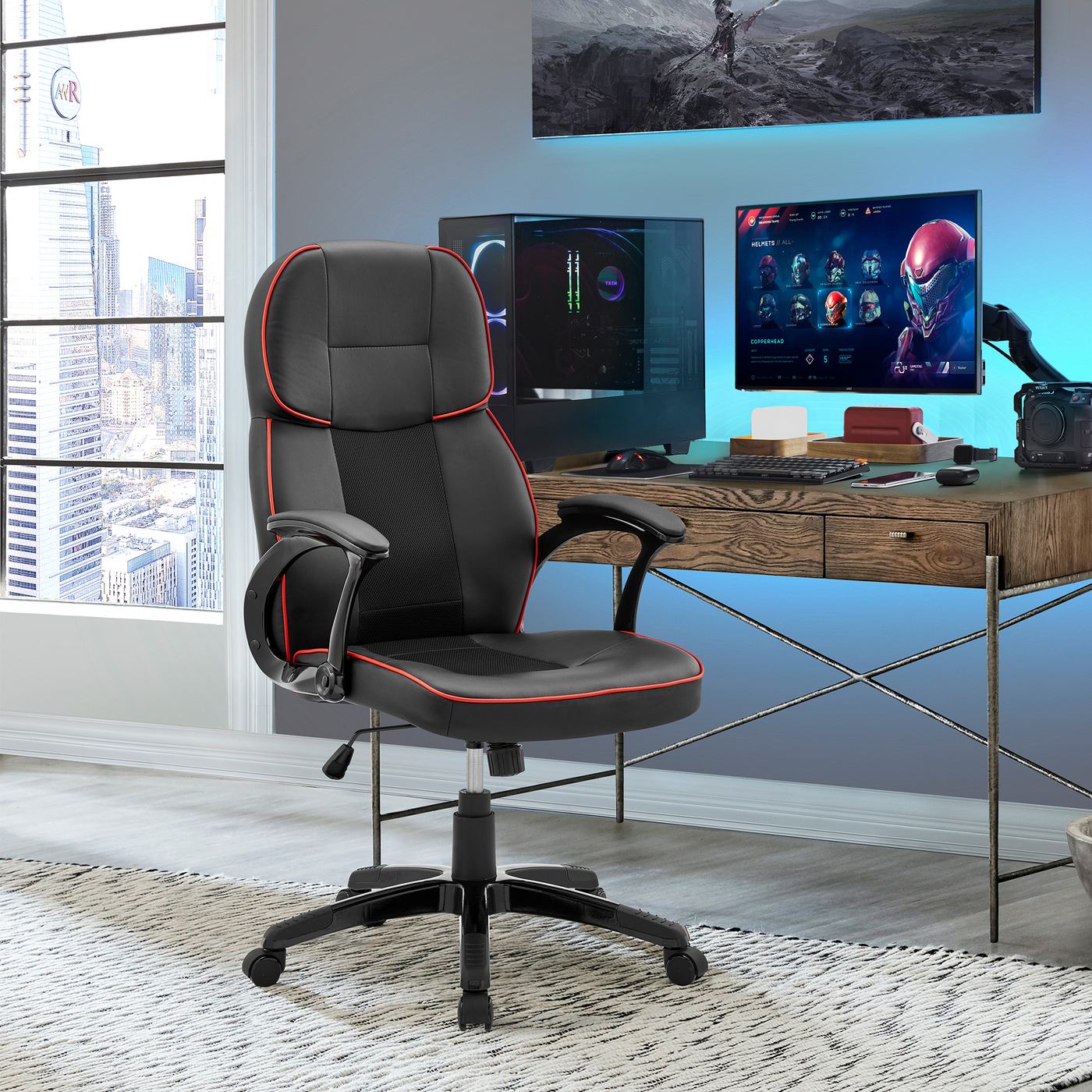 Bender Adjustable Racing Gaming Chair in Black Faux Leather with Red Accents - Image 9
