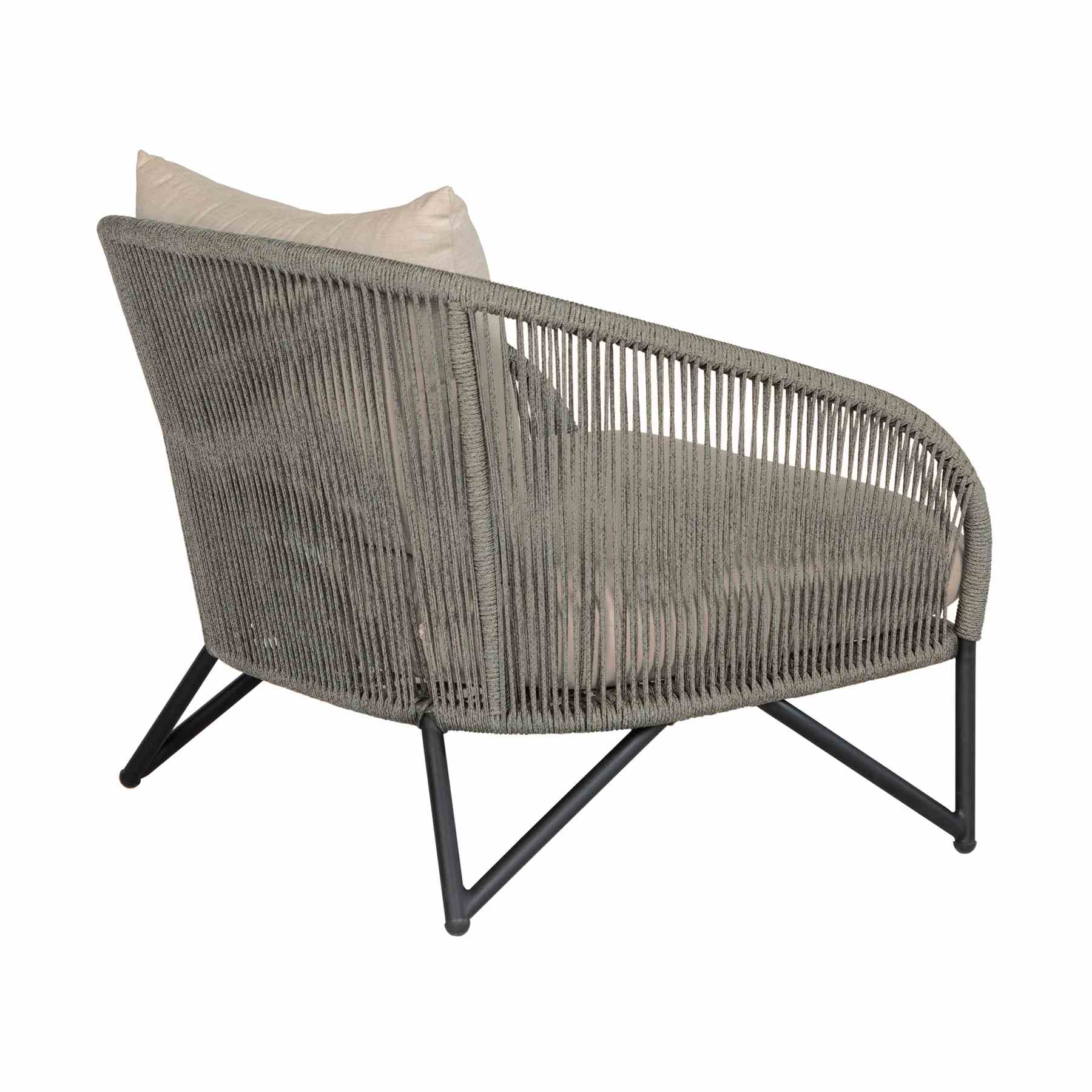 Benicia Outdoor Patio 4 Piece Conversation Set in Weathered Eucalyptus Wood and Metal with Gray Rope and Taupe Cushions - Image 6