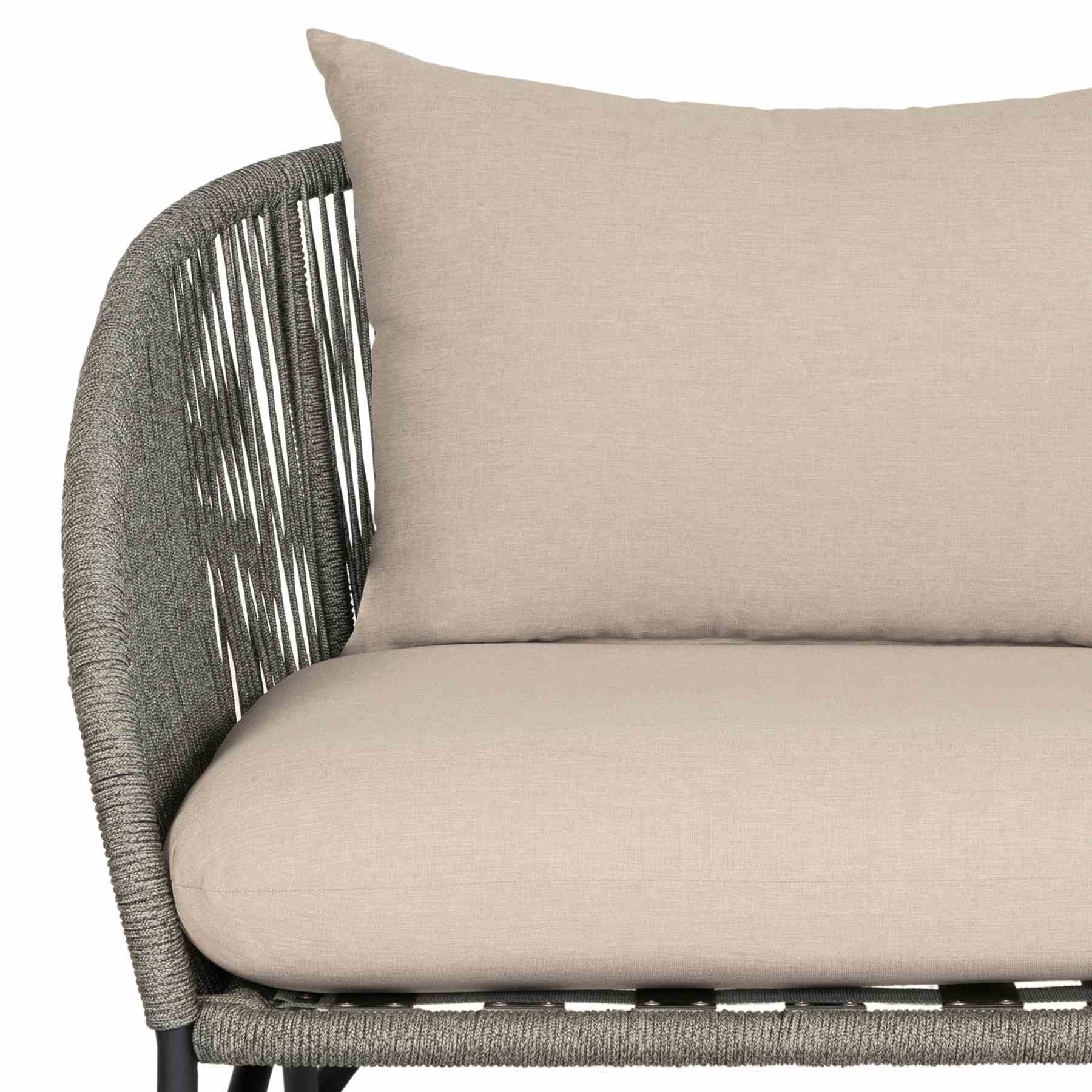 Benicia Outdoor Patio 4 Piece Conversation Set in Weathered Eucalyptus Wood and Metal with Gray Rope and Taupe Cushions - Image 9
