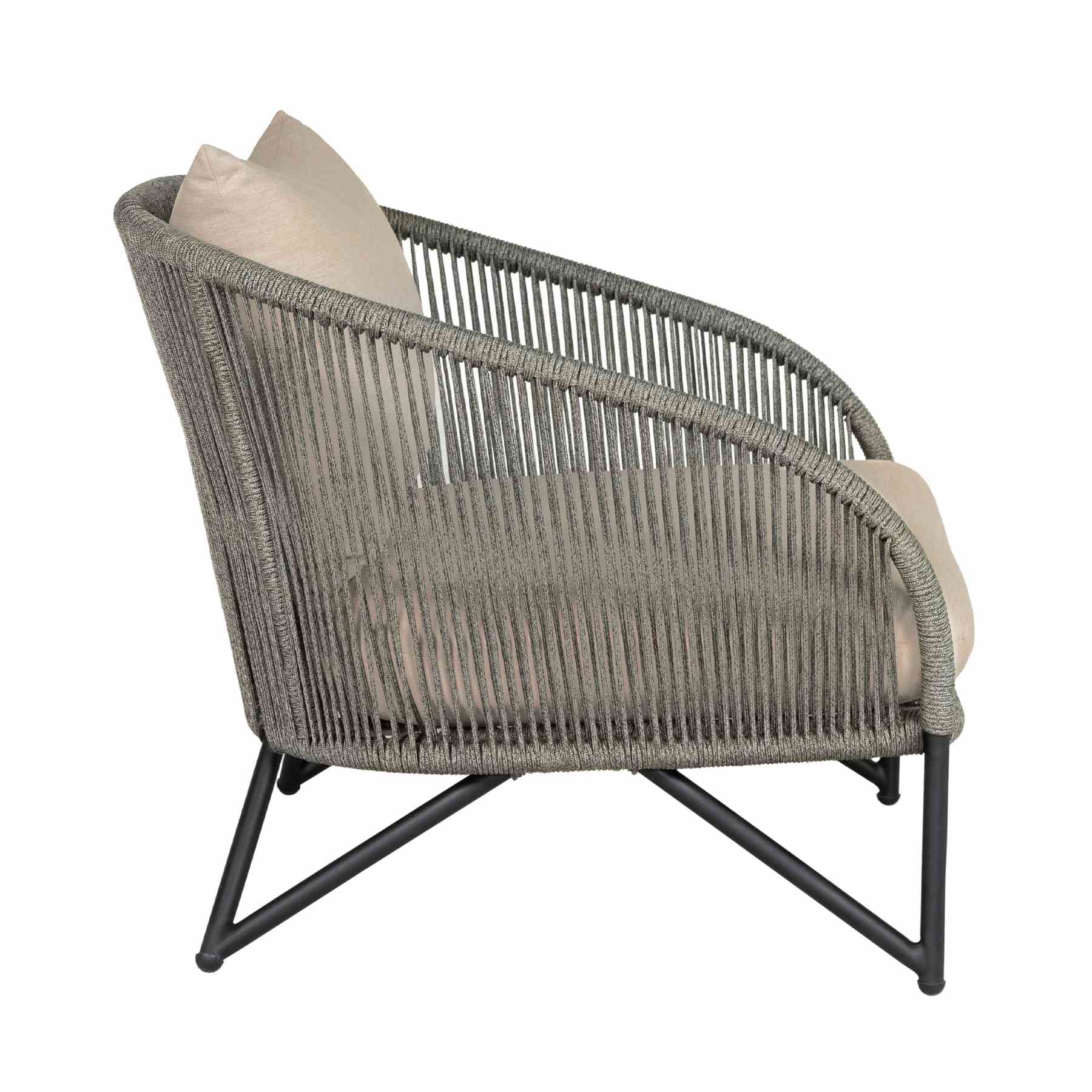 Benicia Outdoor Patio Chair in Black Steel with Gray Rope and Taupe Olefin Cushions - Image 3