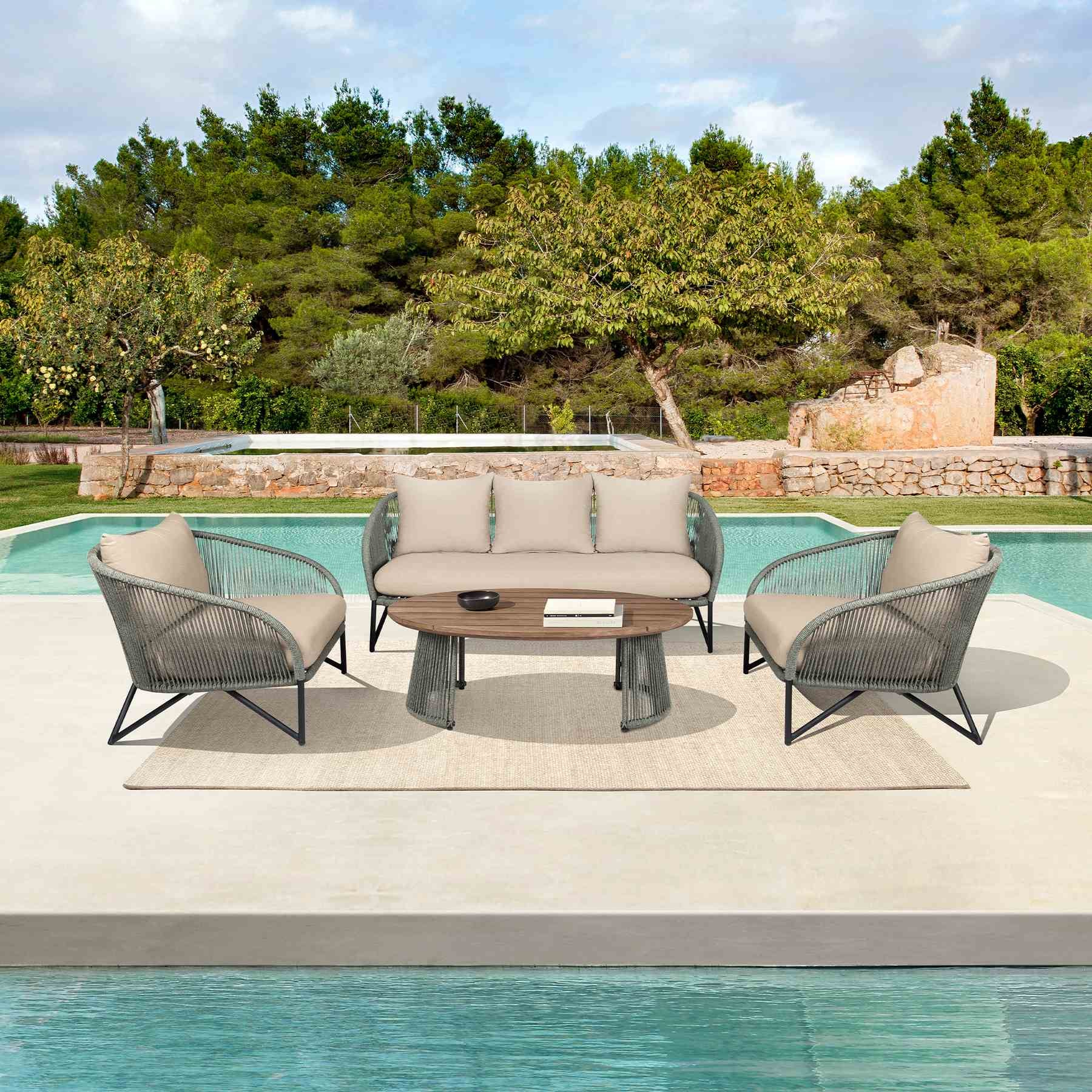 Benicia Outdoor Patio Oval Coffee Table in Weathered Eucalyptus Wood and Gray Rope - Image 10