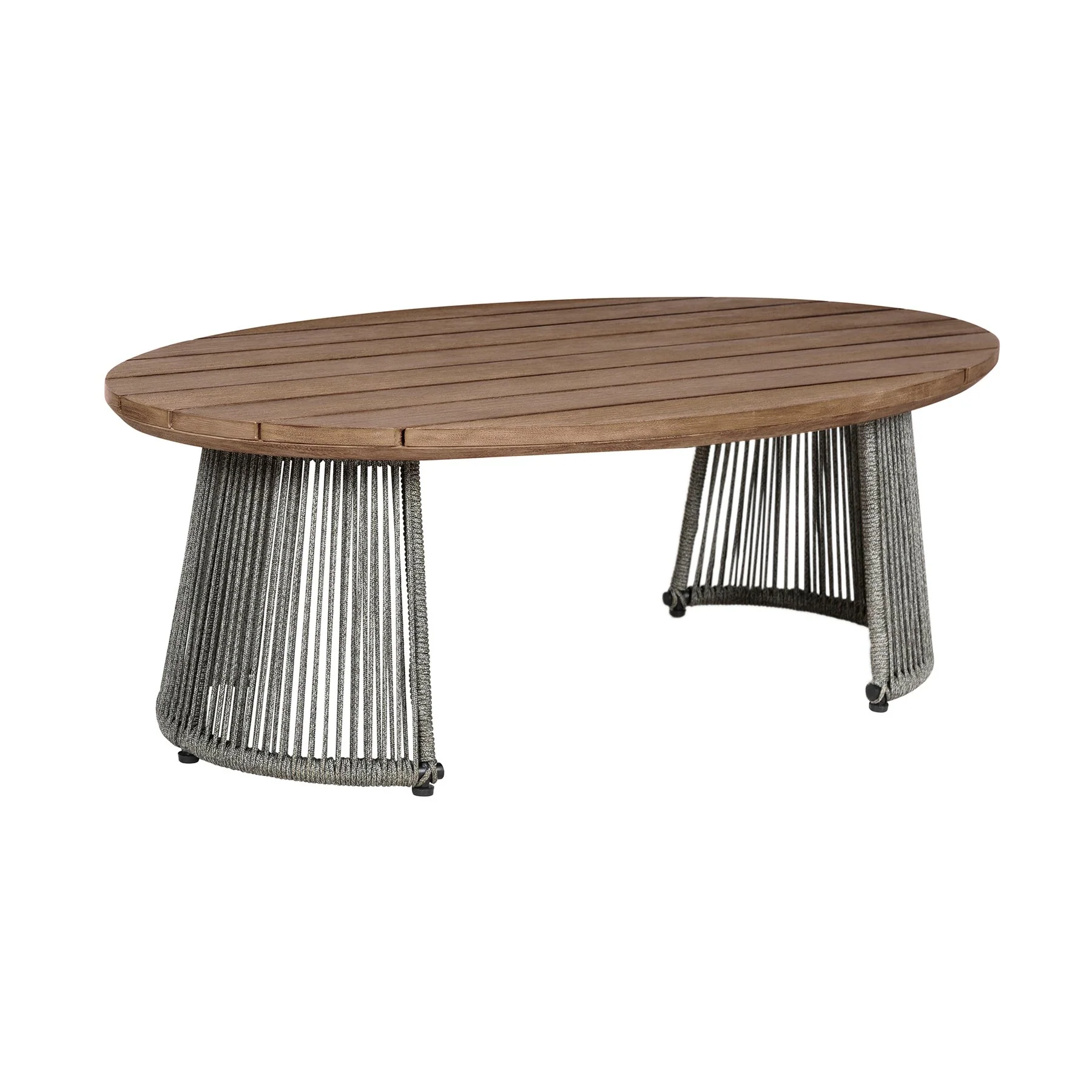 Benicia Outdoor Patio Oval Coffee Table in Weathered Eucalyptus Wood and Gray Rope - Image 2