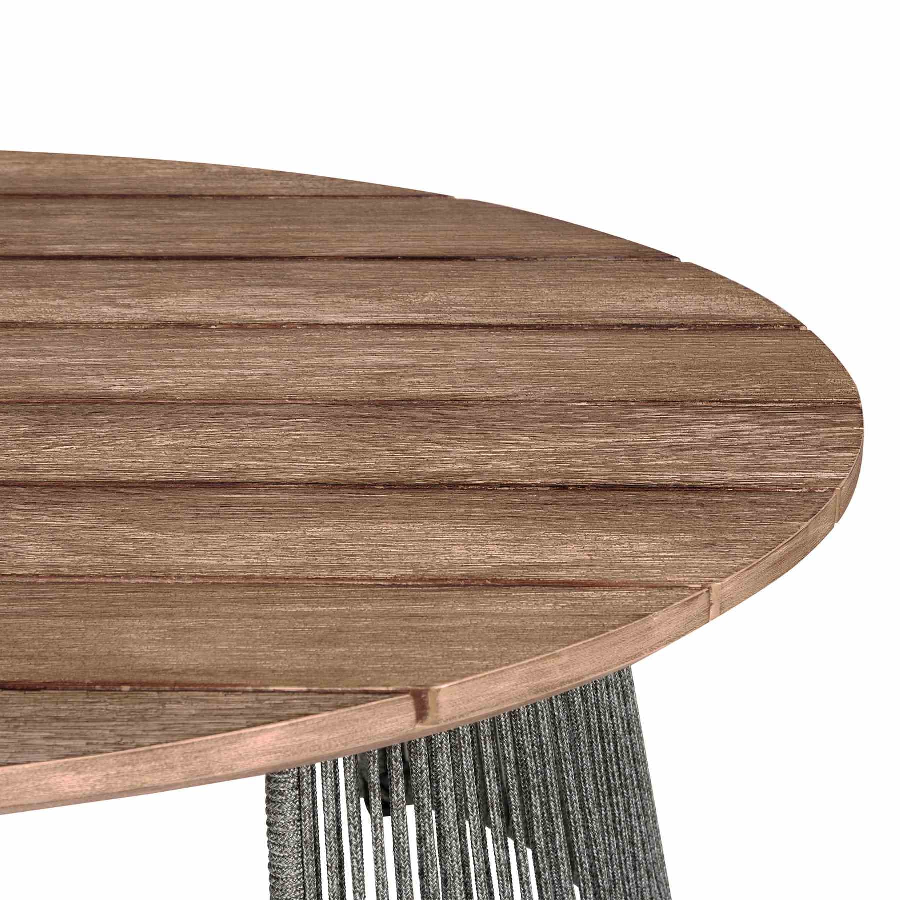 Benicia Outdoor Patio Oval Coffee Table in Weathered Eucalyptus Wood and Gray Rope - Image 5