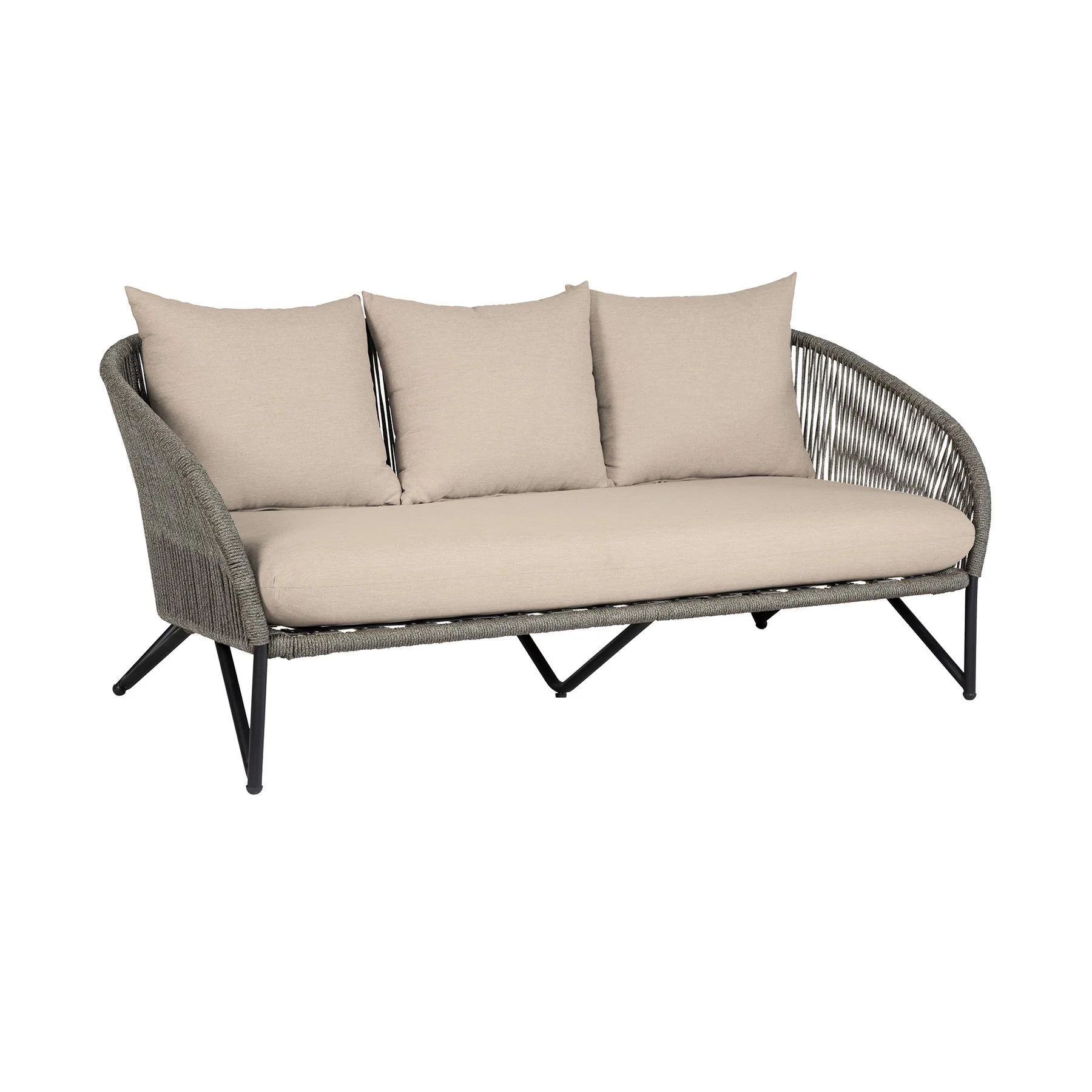 Benicia Outdoor Patio Sofa in Black Steel with Gray Rope and Taupe Olefin Cushions - Image 2