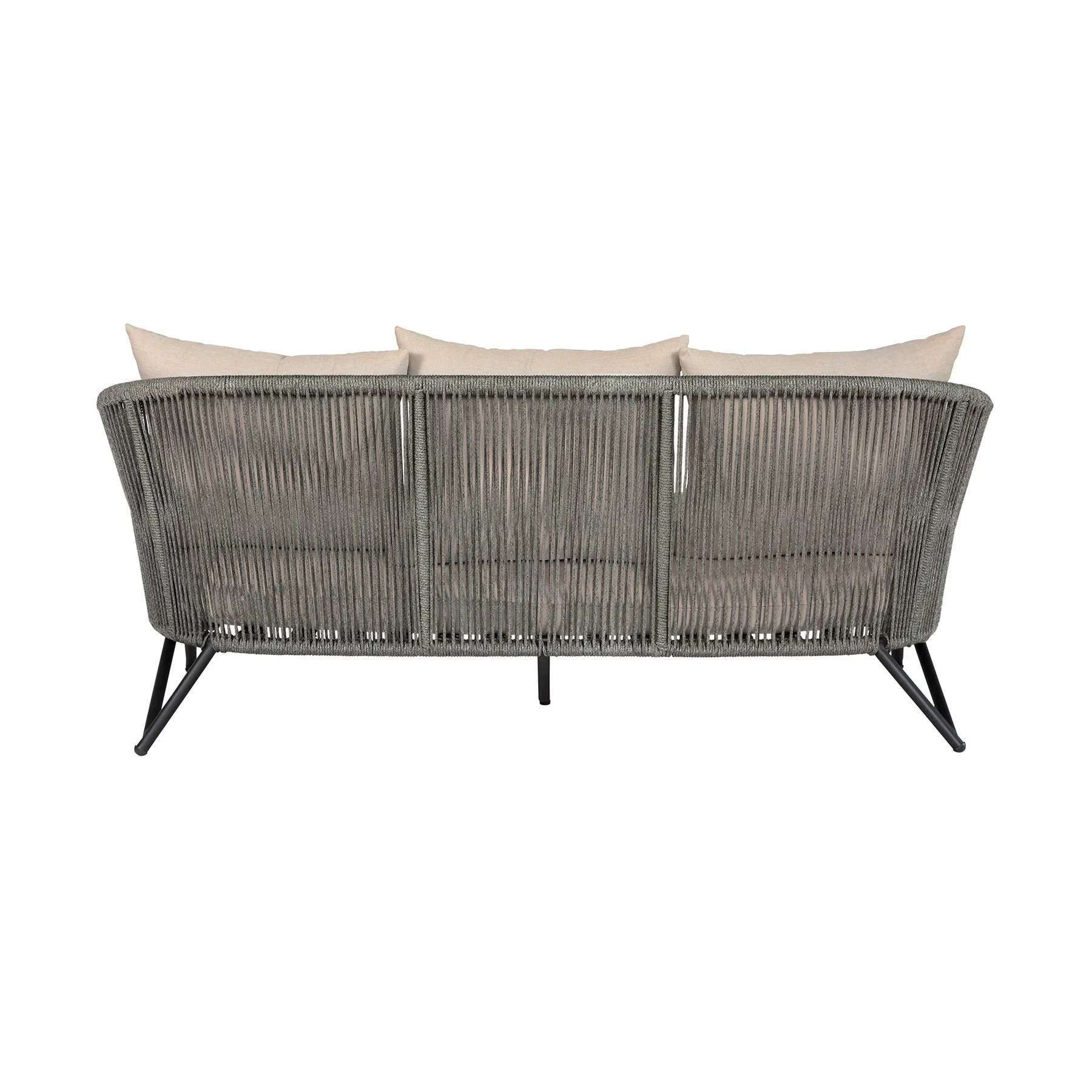 Benicia Outdoor Patio Sofa in Black Steel with Gray Rope and Taupe Olefin Cushions - Image 4