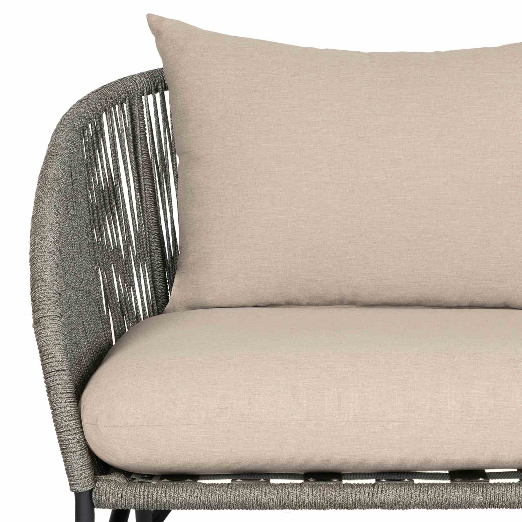 Benicia Outdoor Patio Sofa in Black Steel with Gray Rope and Taupe Olefin Cushions - Image 6