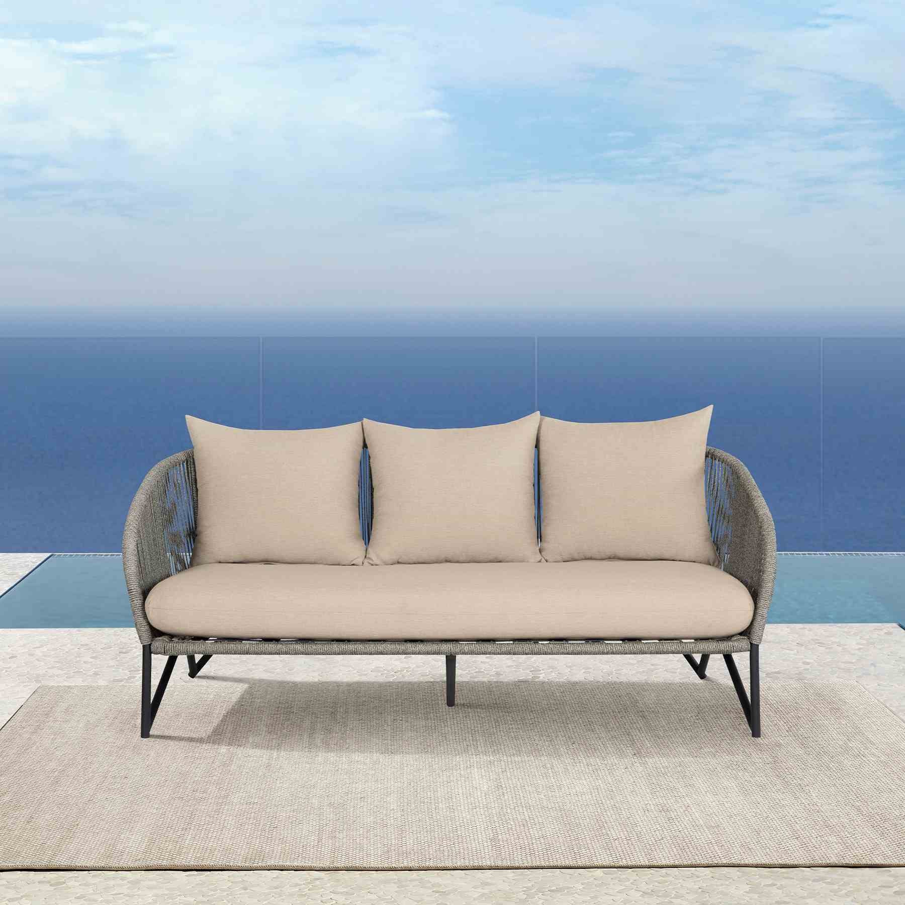 Benicia Outdoor Patio Sofa in Black Steel with Gray Rope and Taupe Olefin Cushions - Image 9