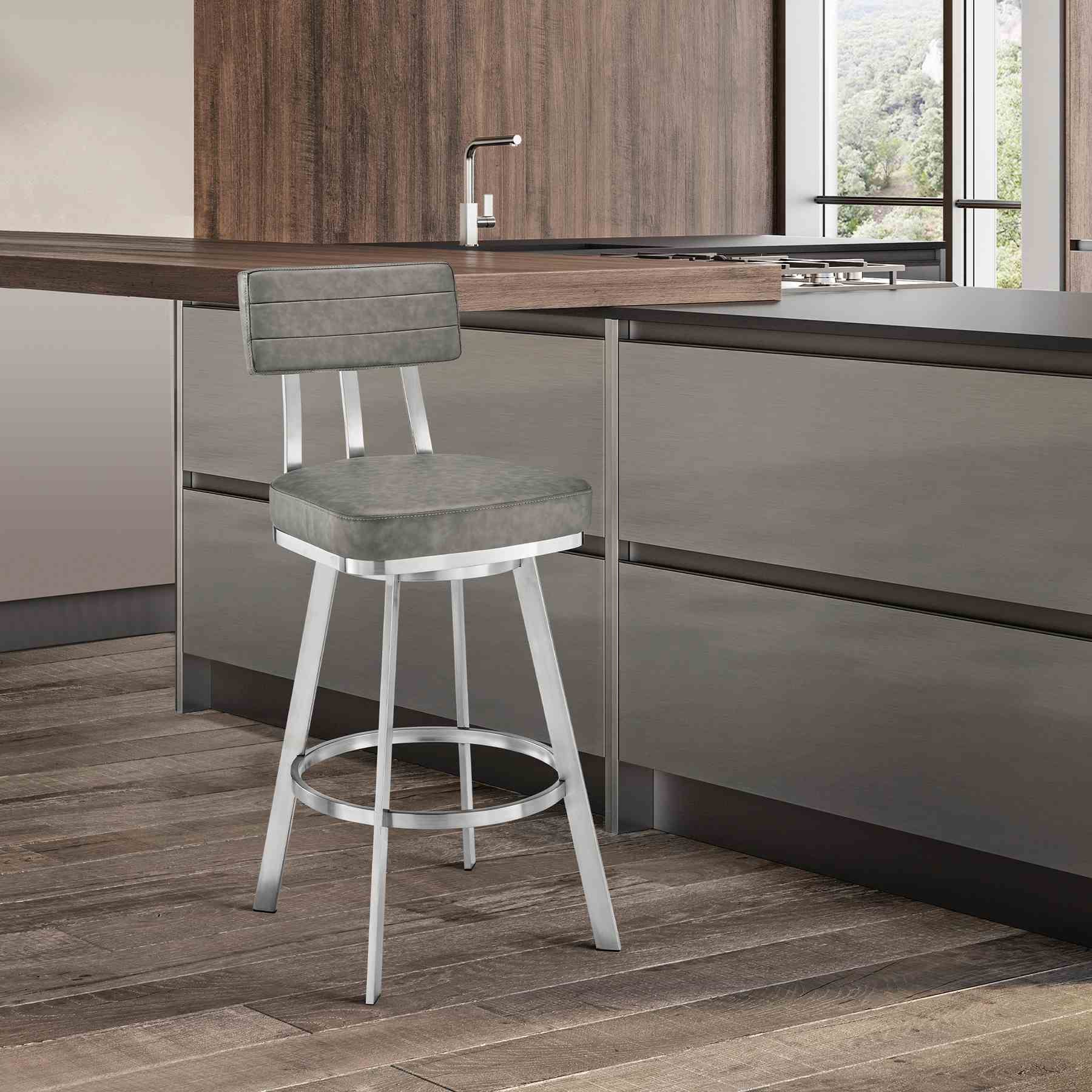 Benjamin 26" Swivel Counter Stool in Brushed Stainless Steel with Gray Faux Leather - Image 9