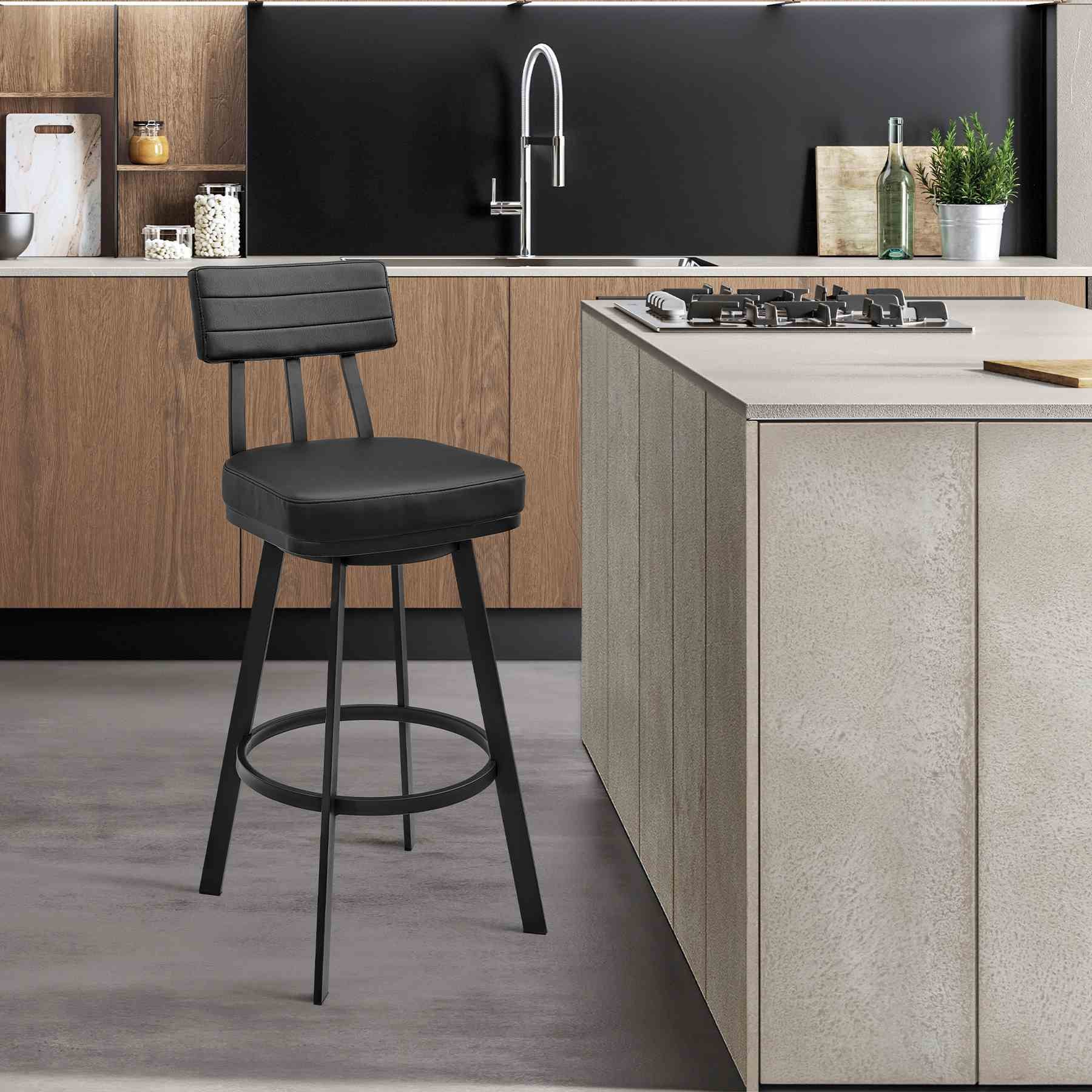 Benjamin Swivel Bar Stool in Black Metal with Black Faux Leather - Image 11