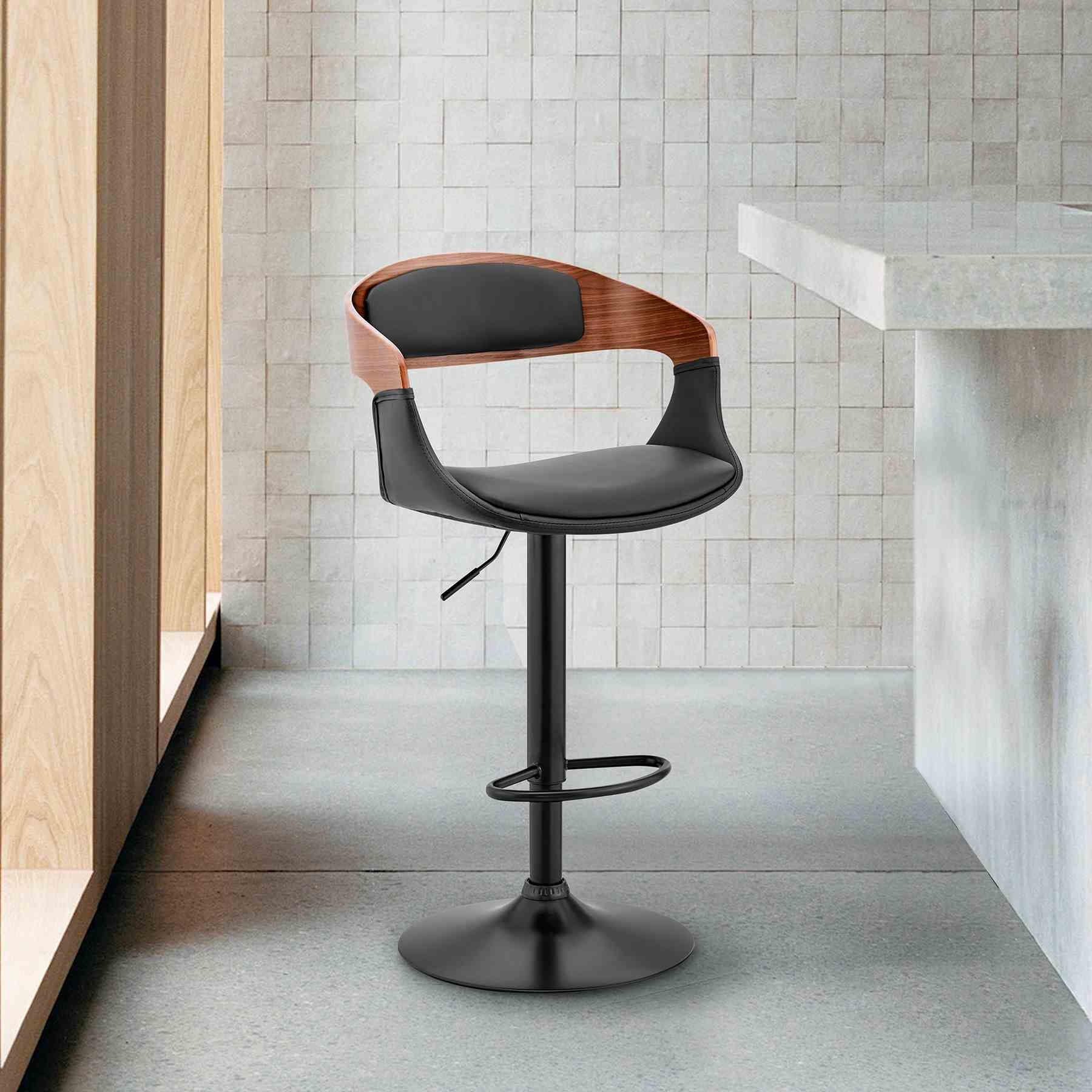 Benson Adjustable Black Faux Leather and Walnut Wood Bar Stool with Black Base - Image 11