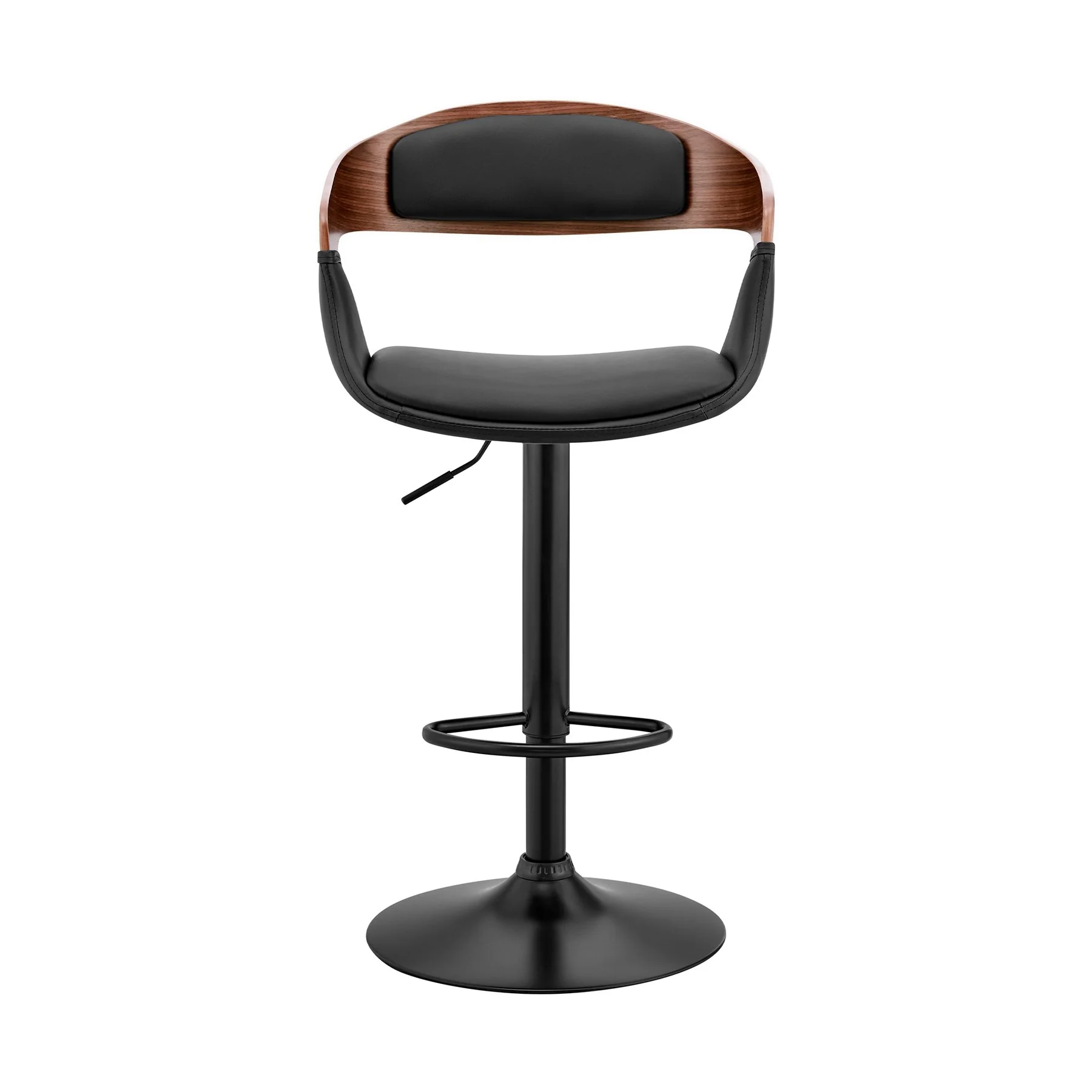 Benson Adjustable Black Faux Leather and Walnut Wood Bar Stool with Black Base - Image 2