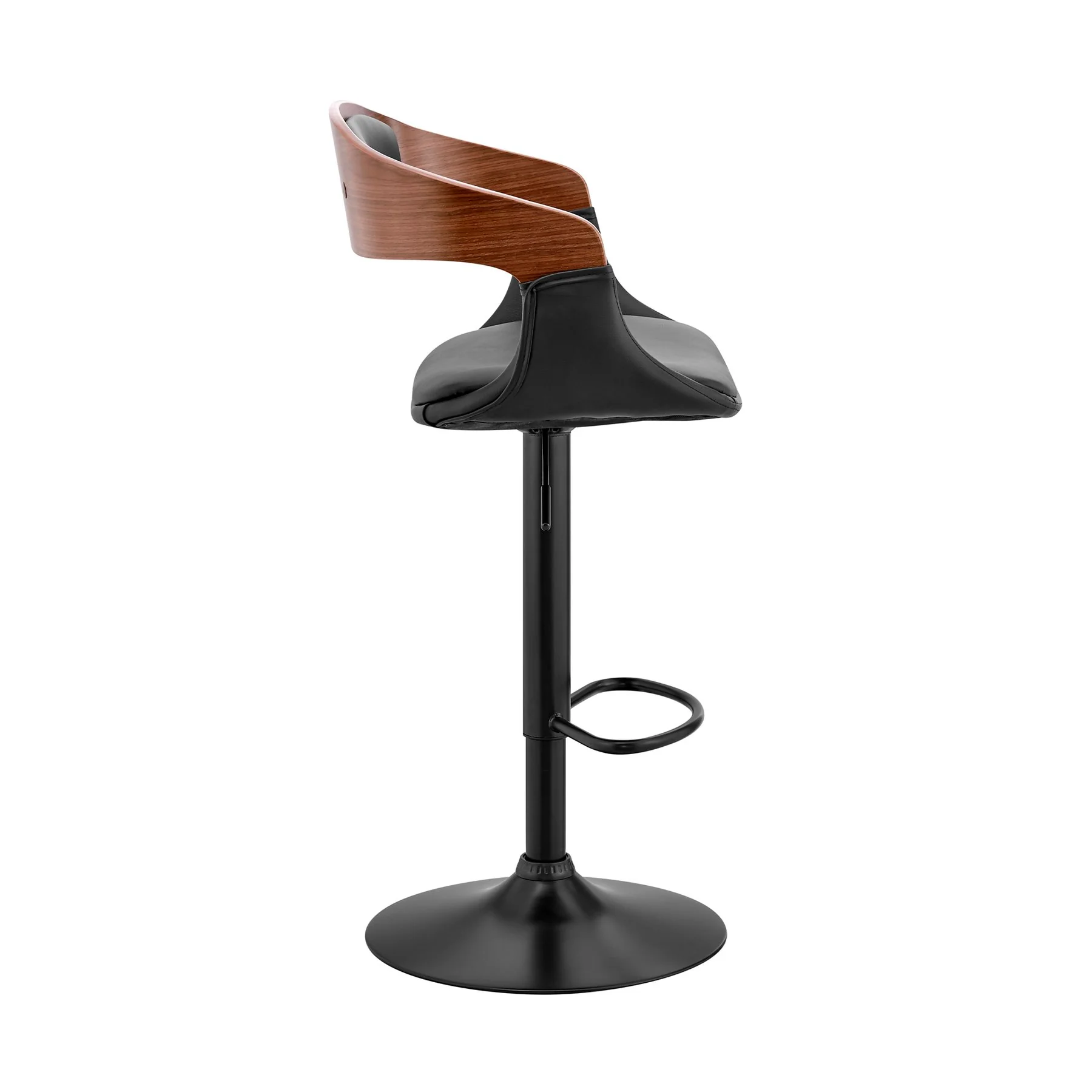 Benson Adjustable Black Faux Leather and Walnut Wood Bar Stool with Black Base - Image 3