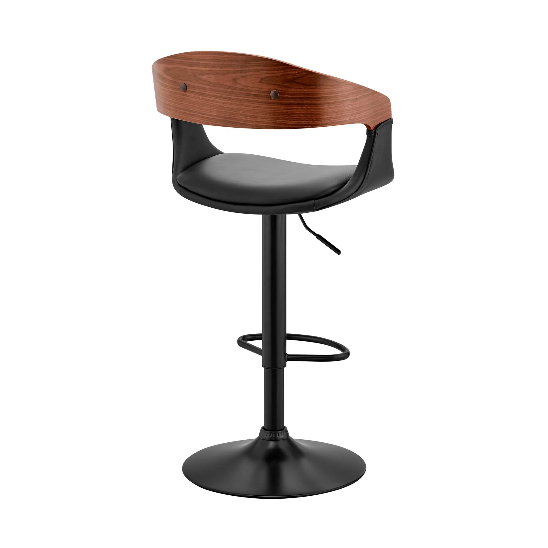 Benson Adjustable Black Faux Leather and Walnut Wood Bar Stool with Black Base - Image 4