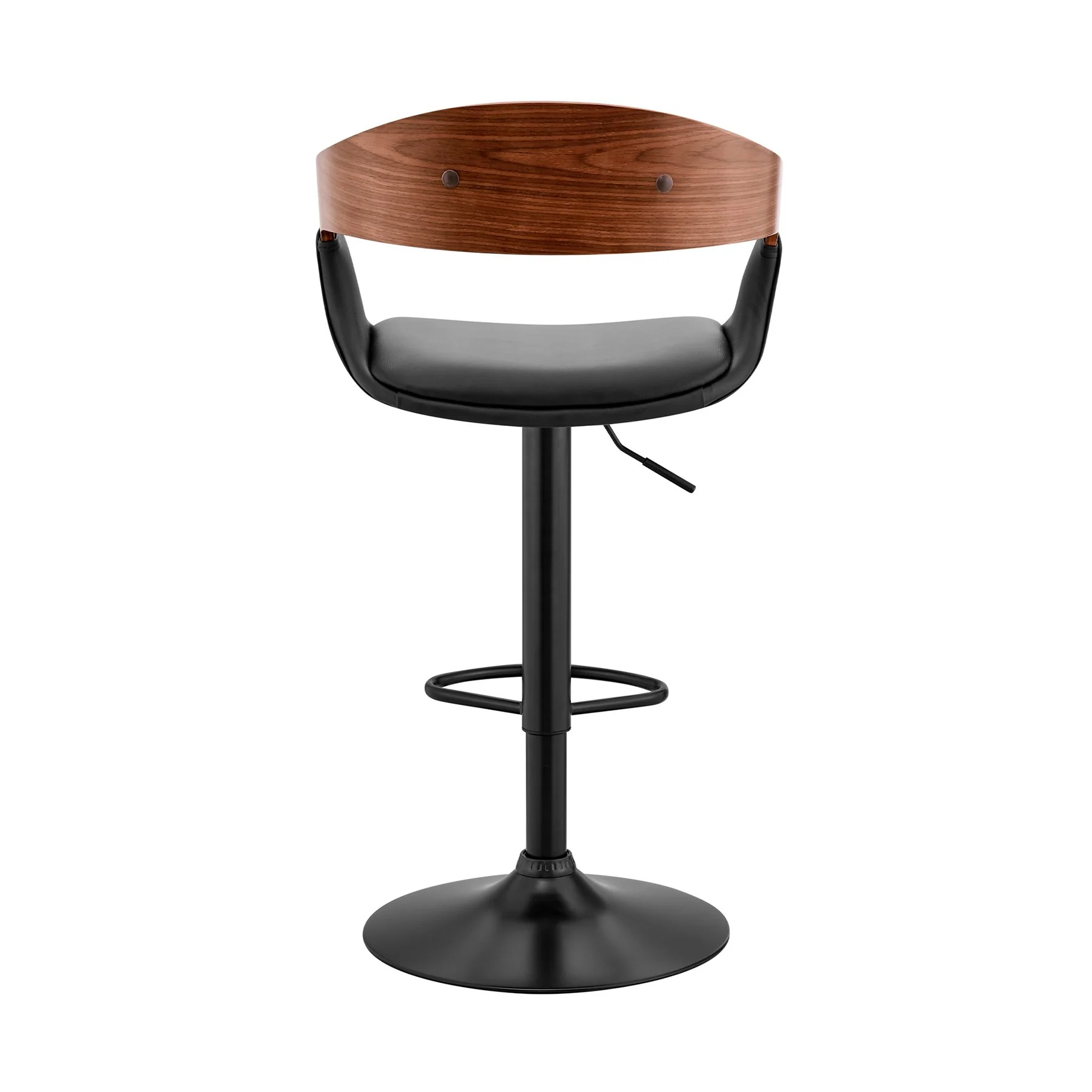 Benson Adjustable Black Faux Leather and Walnut Wood Bar Stool with Black Base - Image 5