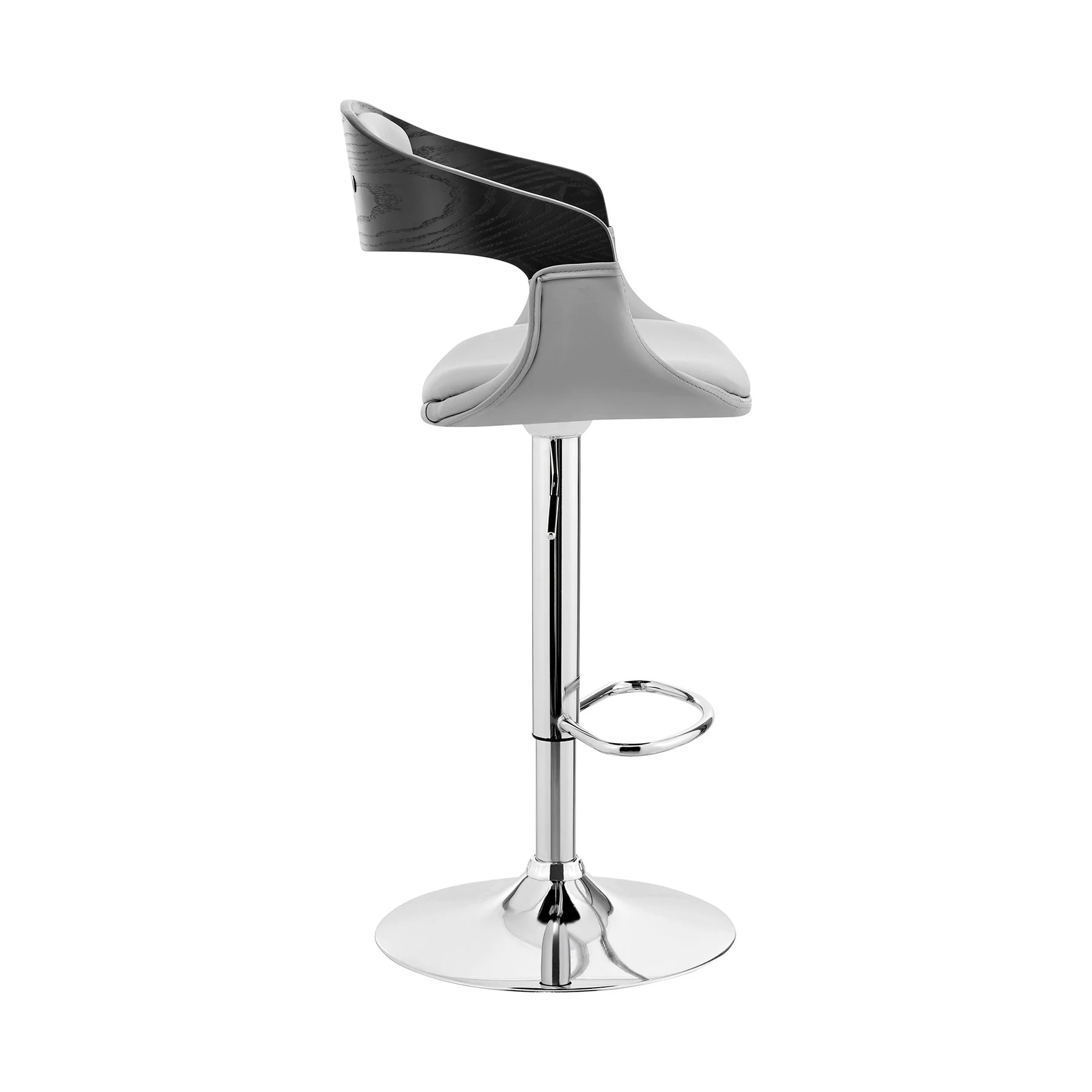 Benson Adjustable Gray Faux Leather and Black Wood Bar Stool with Chrome Base - Image 3