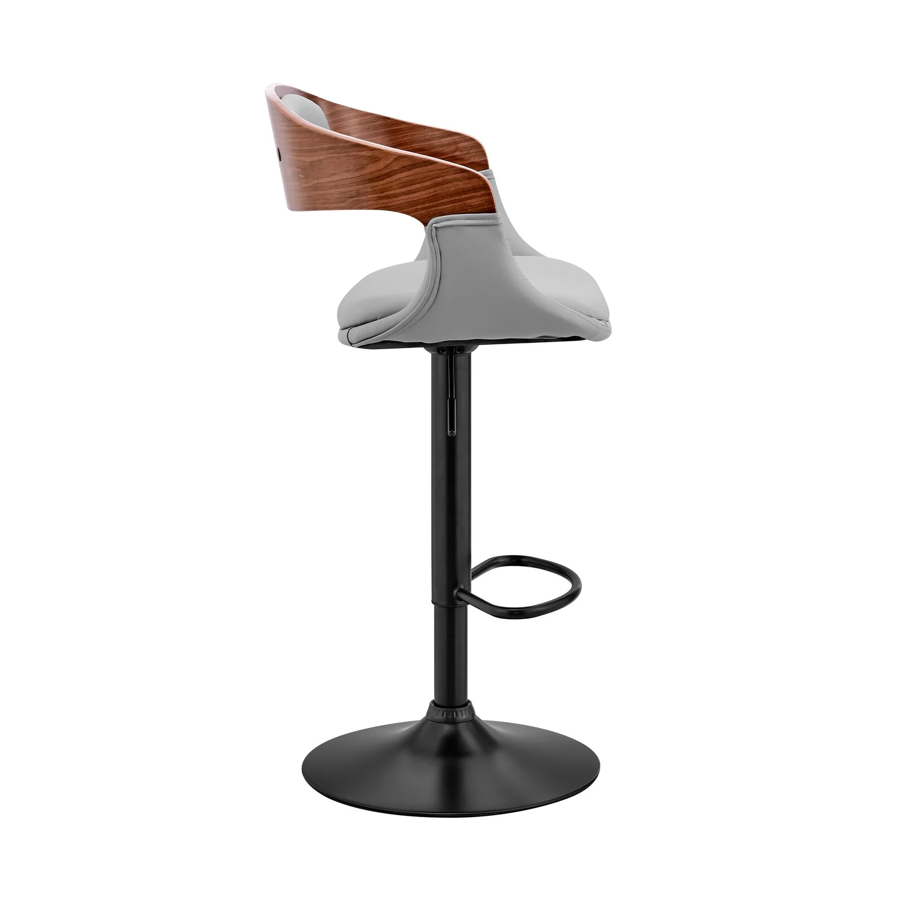 Benson Adjustable Gray Faux Leather and Walnut Wood Bar Stool with Black Base - Image 3