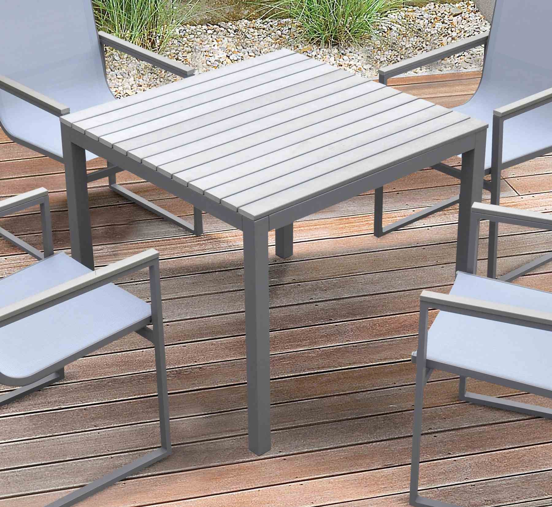 Bistro Outdoor Patio Dining Table in Gray Powder Coated Finish with Gray Wood Top - Image 4