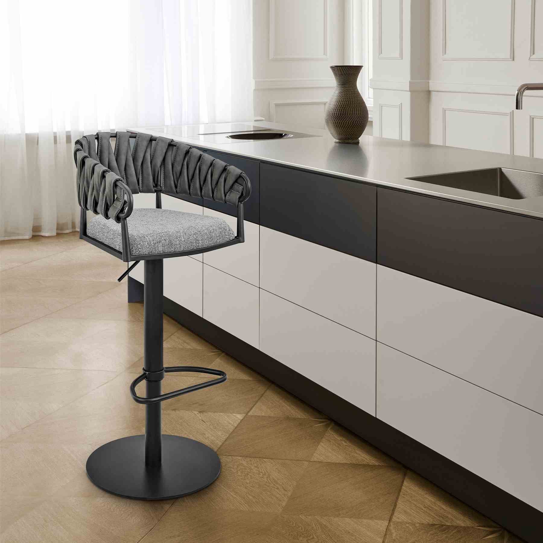 Blaise Adjustable Swivel Counter or Bar Stool in Black Metal with Gray Fabric and Faux Leather - Image 9