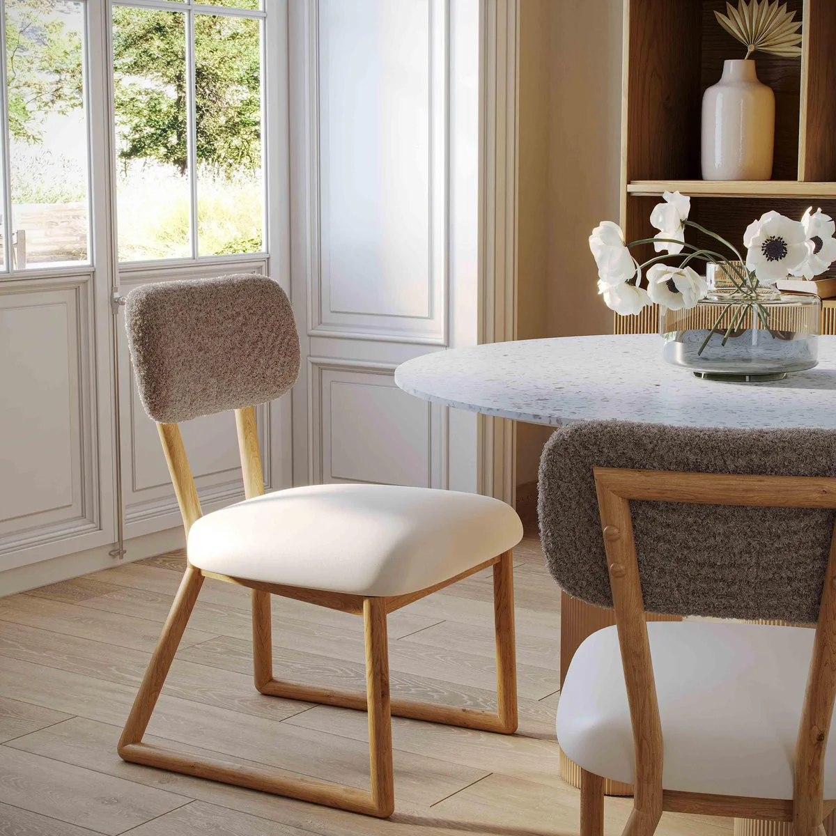 Bobbie Cream Vegan Leather and Grey Vegan Shearling Dining Chair - Image 2