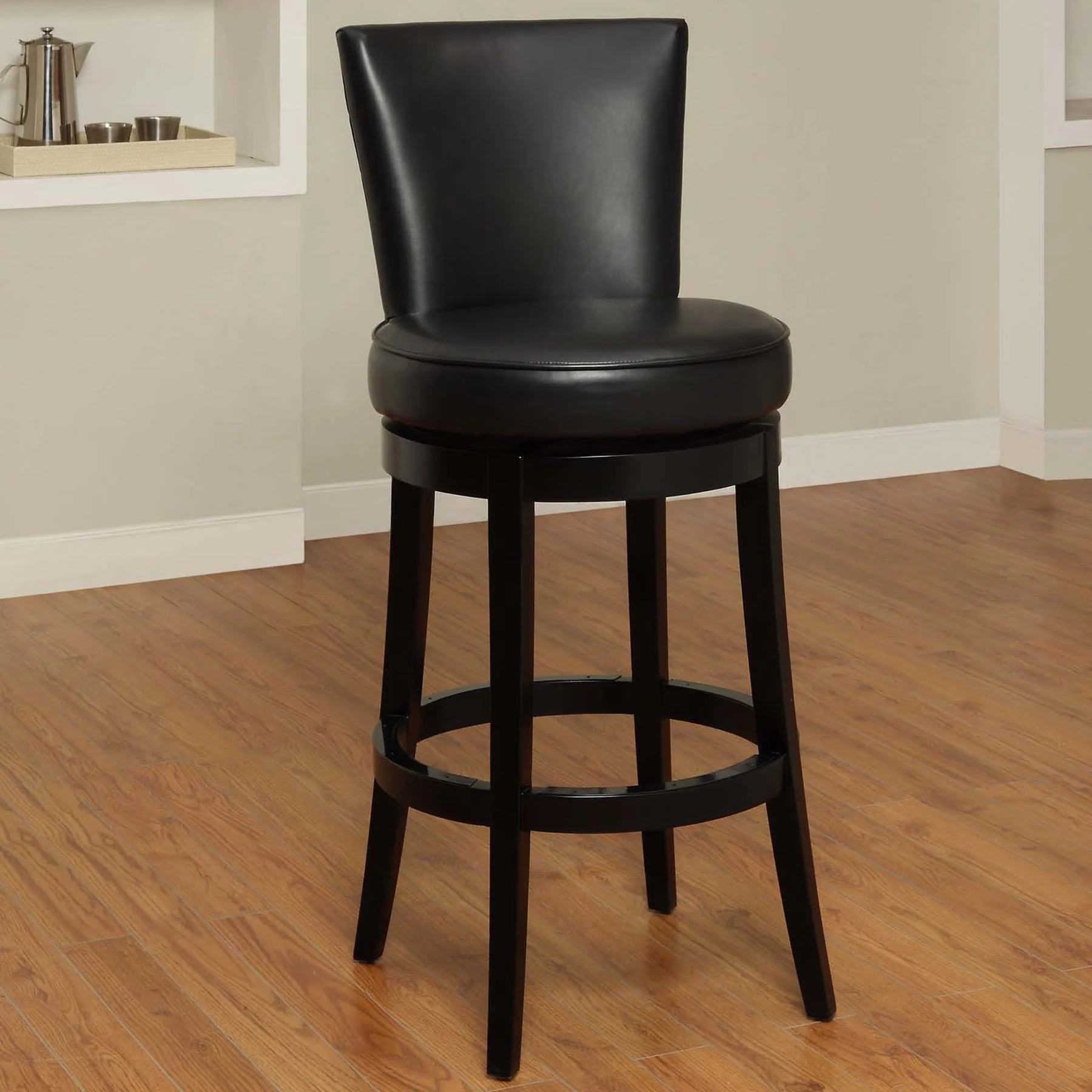Boston 26" Counter Height Swivel Black Faux Leather and Black Wood Bar Stool - Image 4