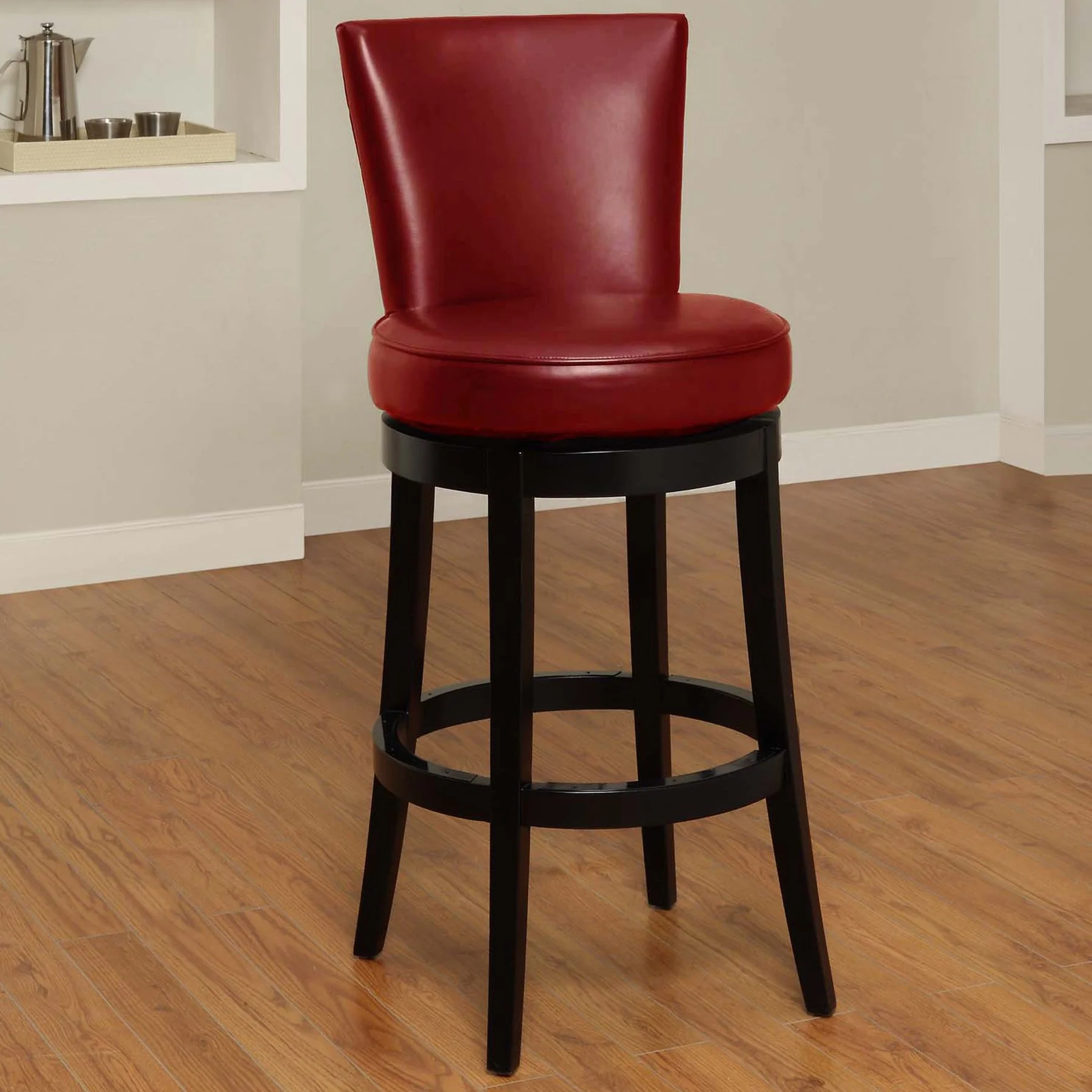 Boston 26" Counter Height Swivel Red Faux Leather and Black Wood Bar Stool - Image 4