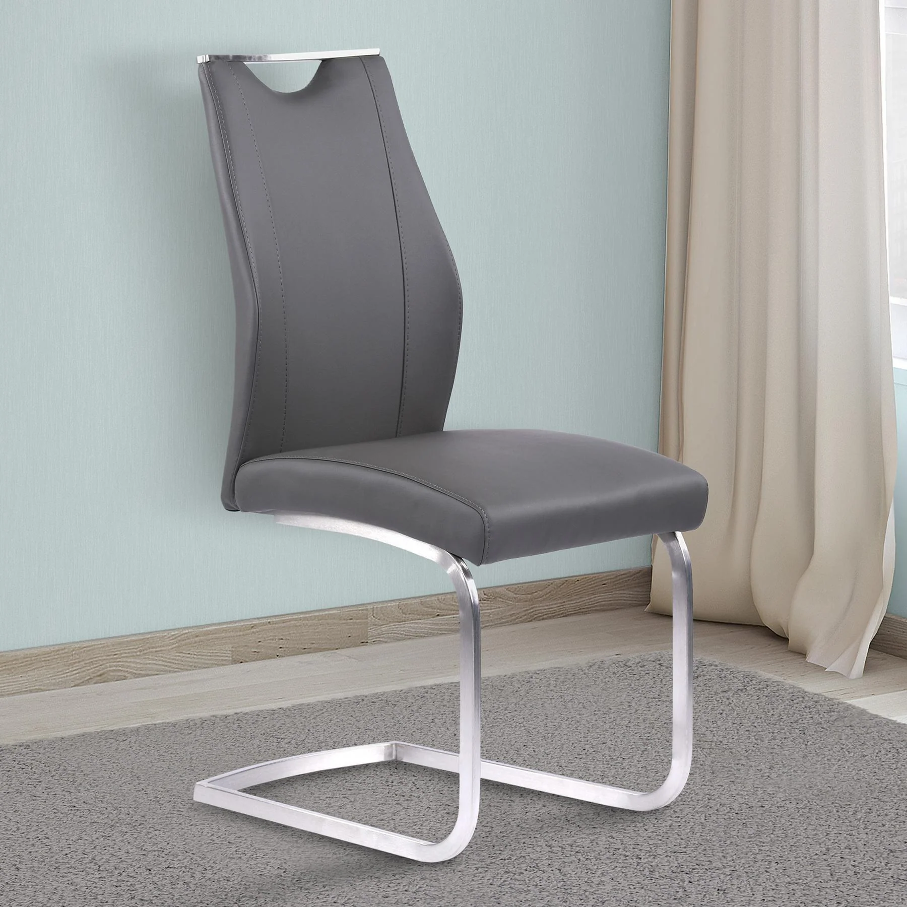 Bravo Contemporary Dining Chair in Gray Faux Leather and Brushed Stainless Steel Finish - Set of 2 - Image 8