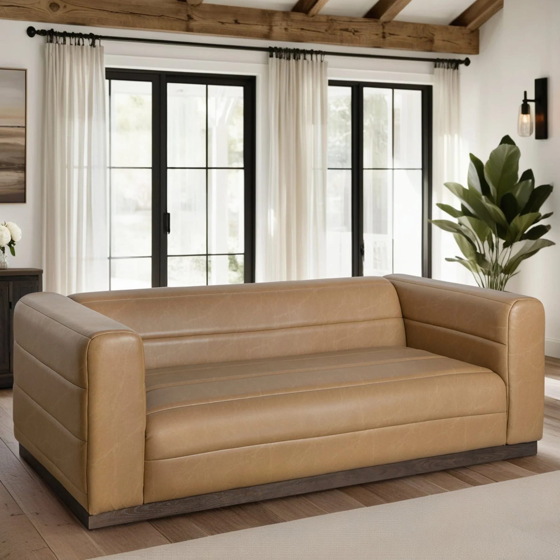 Brea 90.5 in. 3-Seater Sofa in Bistre Brown Faux Leather with Rectangular Seat and Square Arms - Image 8