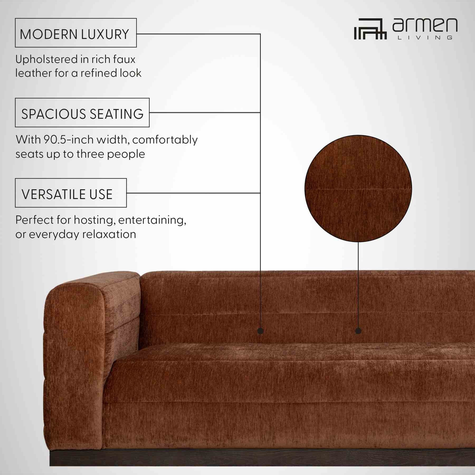 Brea 90.5 in. 3-Seater Sofa in Logan Brown Fabric with Rectangular Seat and Square Arms - Image 11