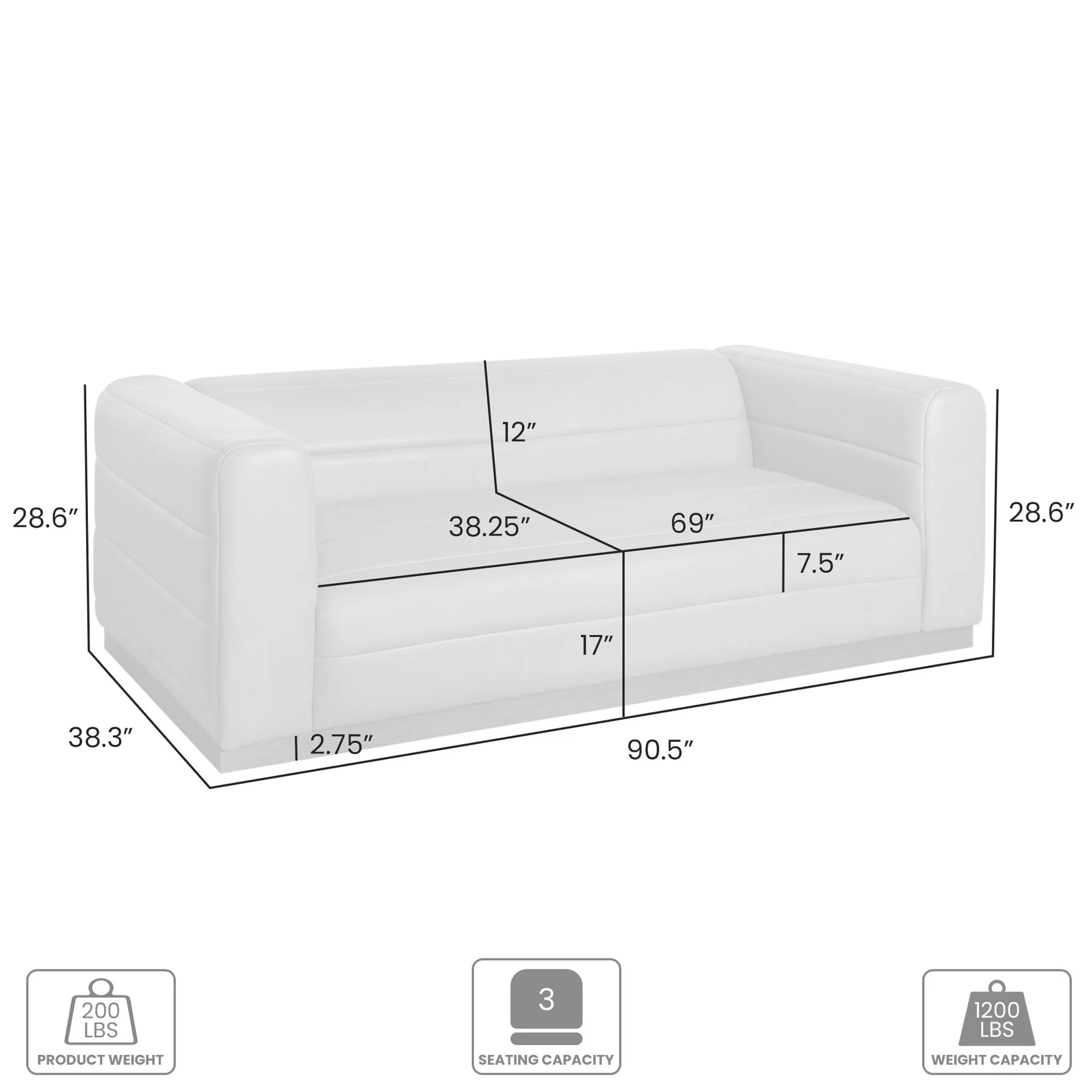 Brea 90.5 in. 3-Seater Sofa in Mocha Bean Fabric with Rectangular Seat and Square Arms - Image 4