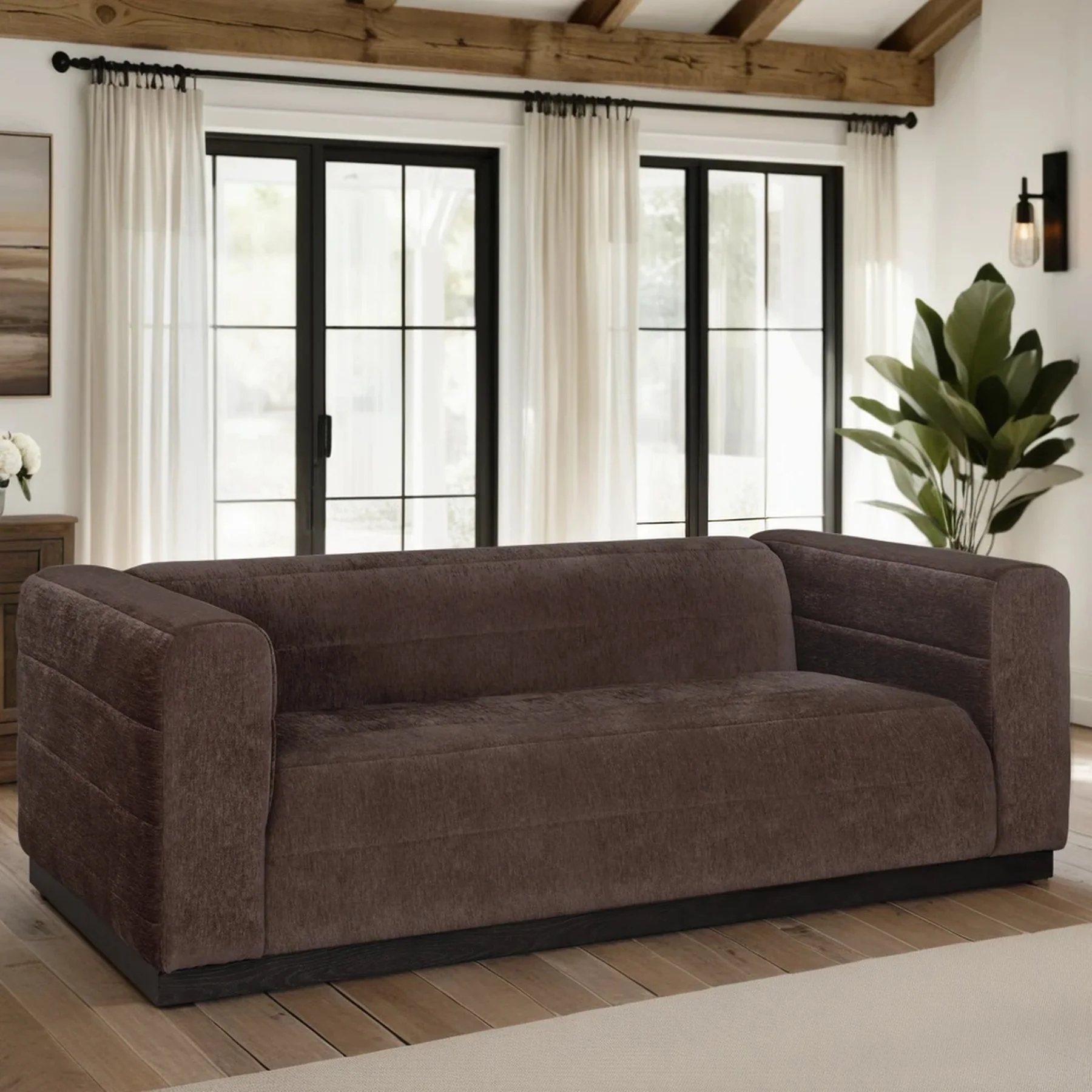 Brea 90.5 in. 3-Seater Sofa in Mocha Bean Fabric with Rectangular Seat and Square Arms - Image 5