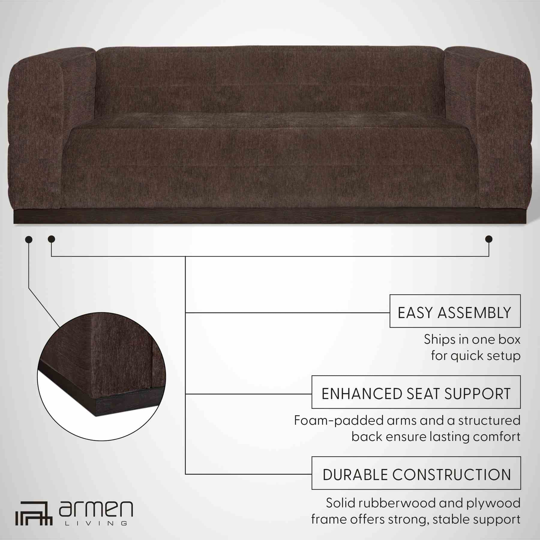 Brea 90.5 in. 3-Seater Sofa in Mocha Bean Fabric with Rectangular Seat and Square Arms - Image 8