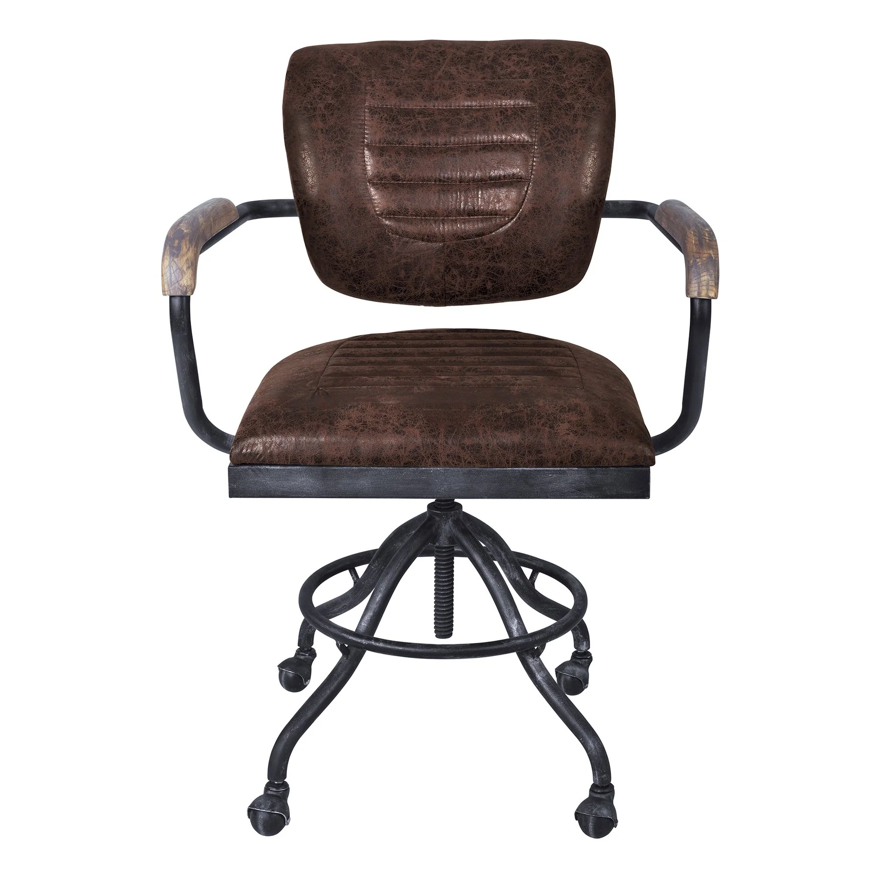 Brice Modern Office Chair in Industrial Gray Finish and Brown Fabric with Pine Wood Arms - Image 2