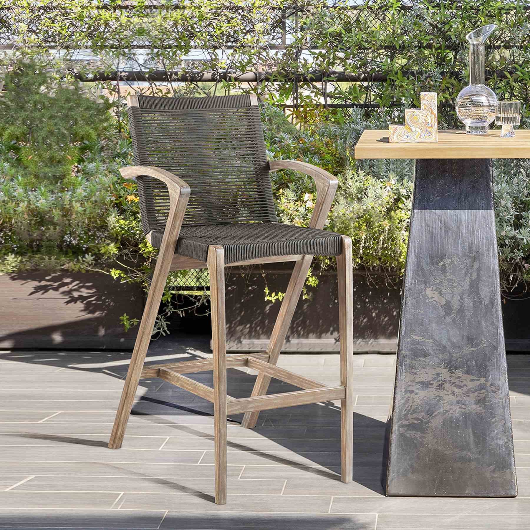 Brielle Outdoor Light Eucalyptus Wood and Charcoal Rope Bar Height Stool - Image 10
