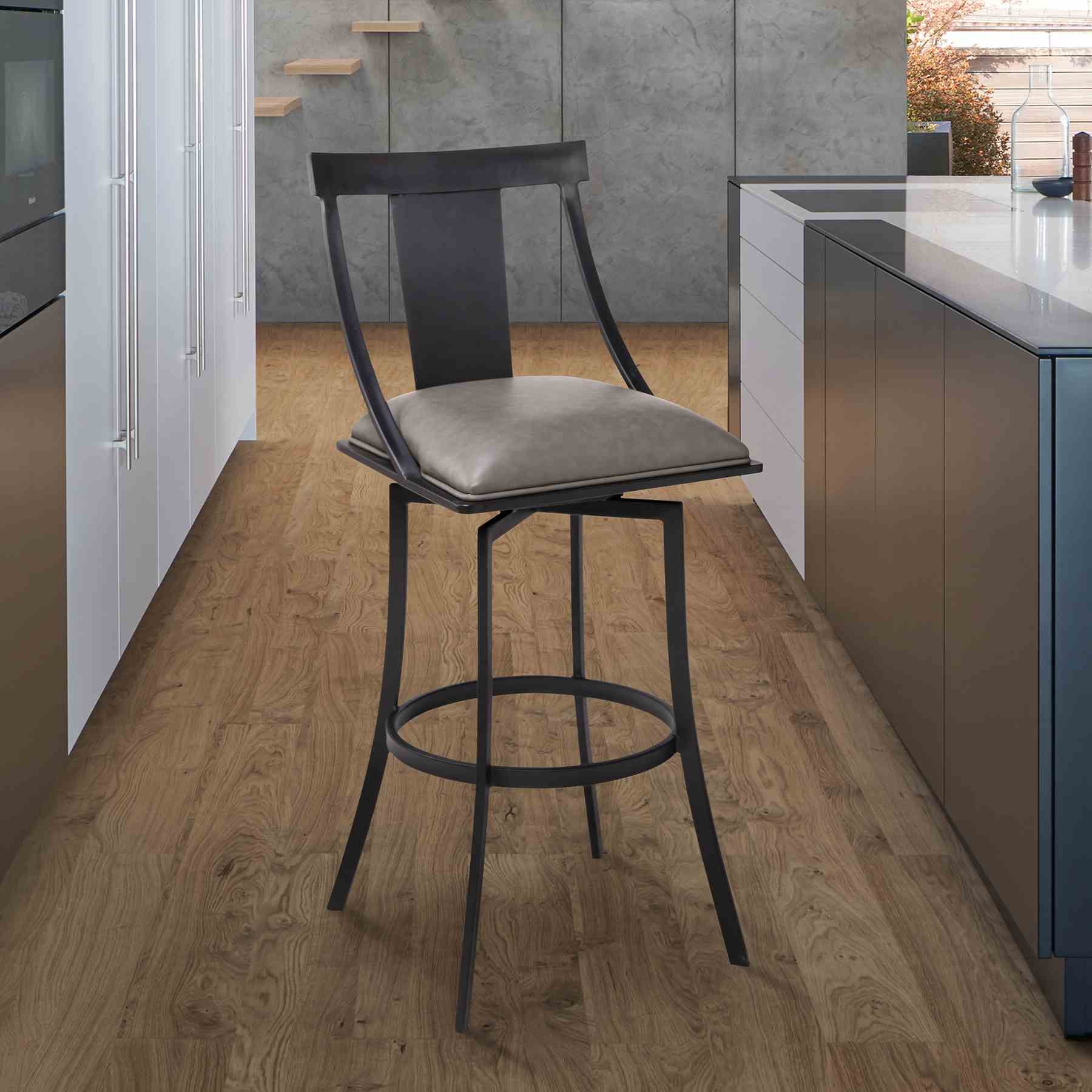 Brisbane Contemporary 26" Counter Height Barstool in Matte Black Finish and Vintage Gray Faux Leather - Image 6