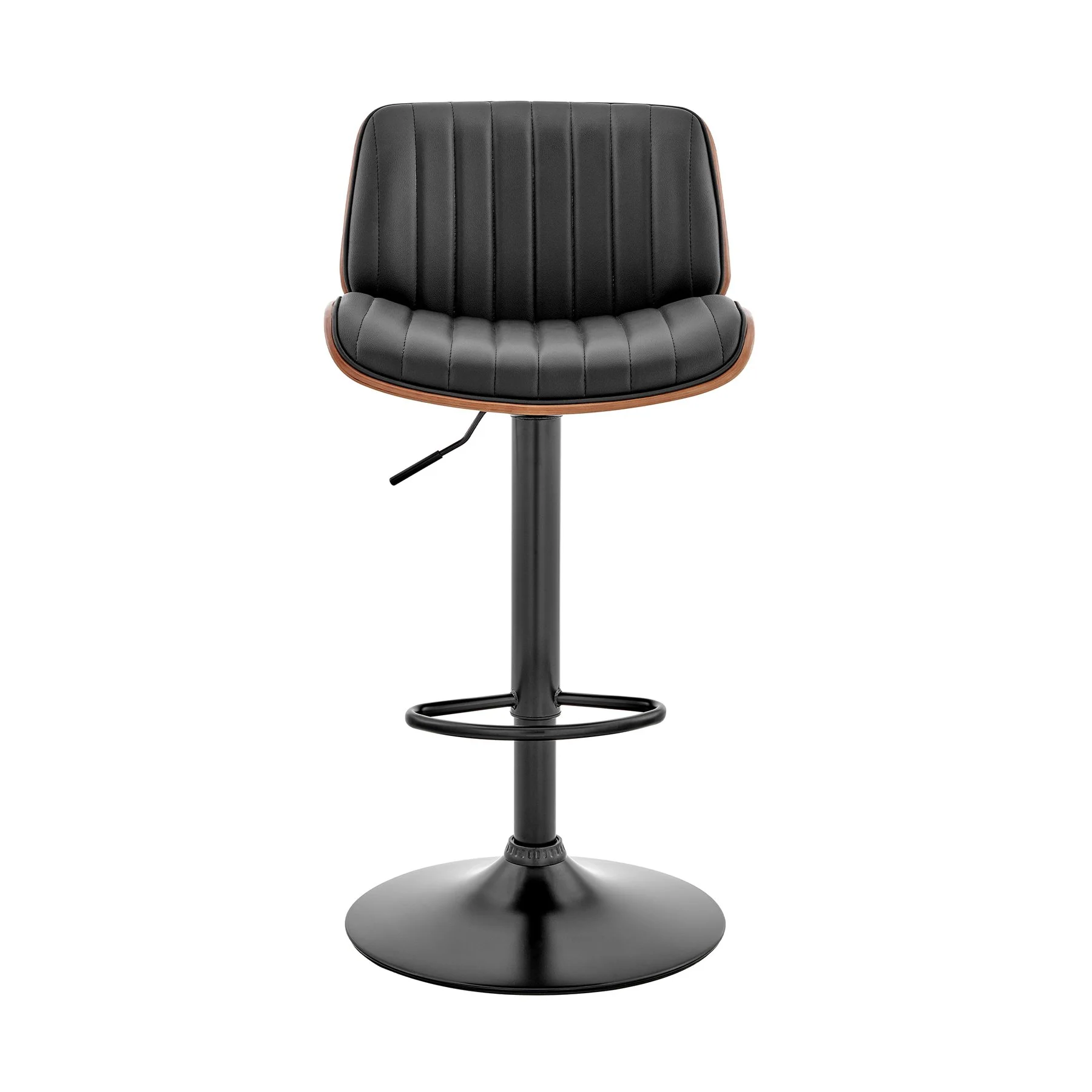 Brock Adjustable Black Faux Leather and Walnut Wood Bar Stool with Black Base - Image 2