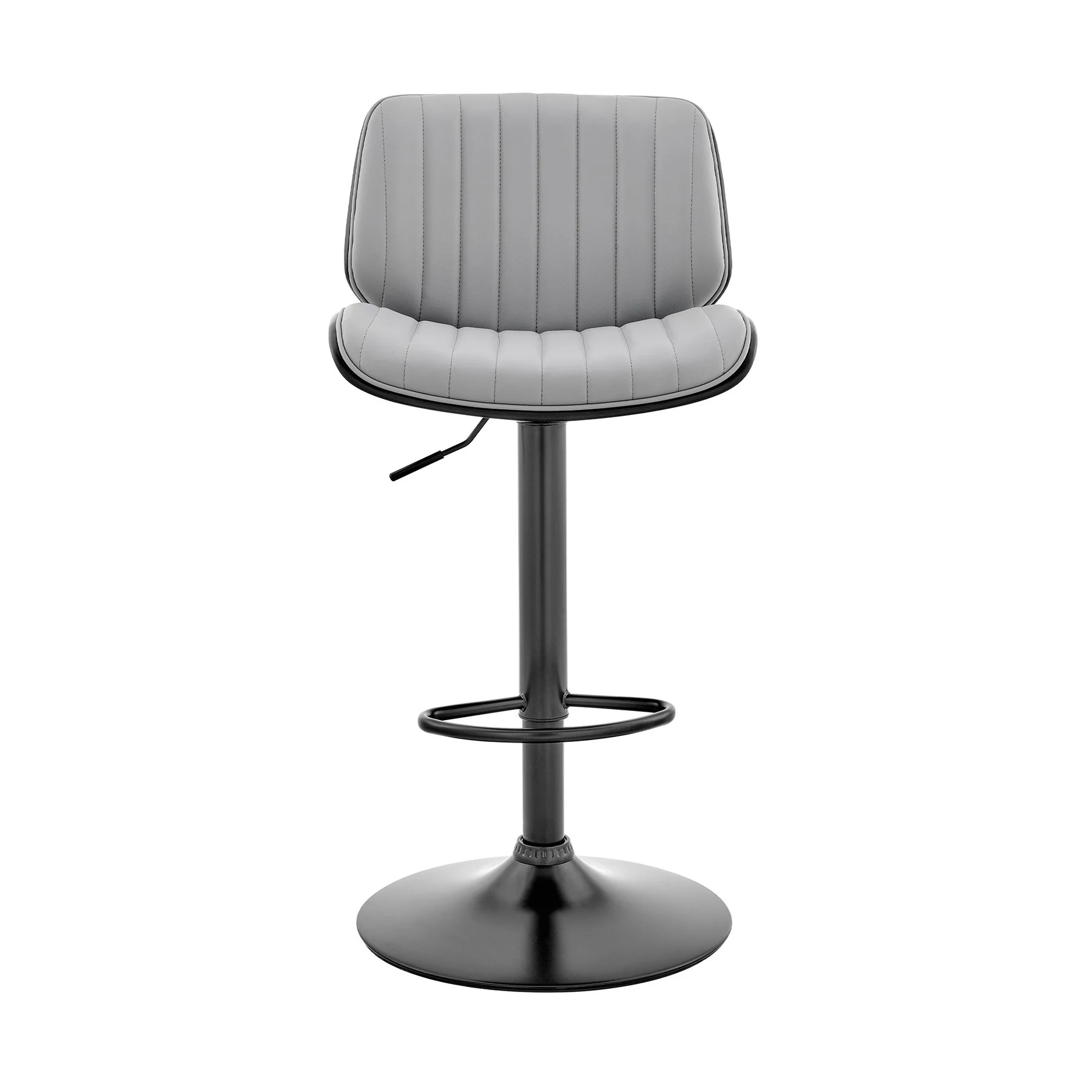 Brock Adjustable Gray Faux Leather and Walnut Wood Bar Stool with Black Base - Image 2