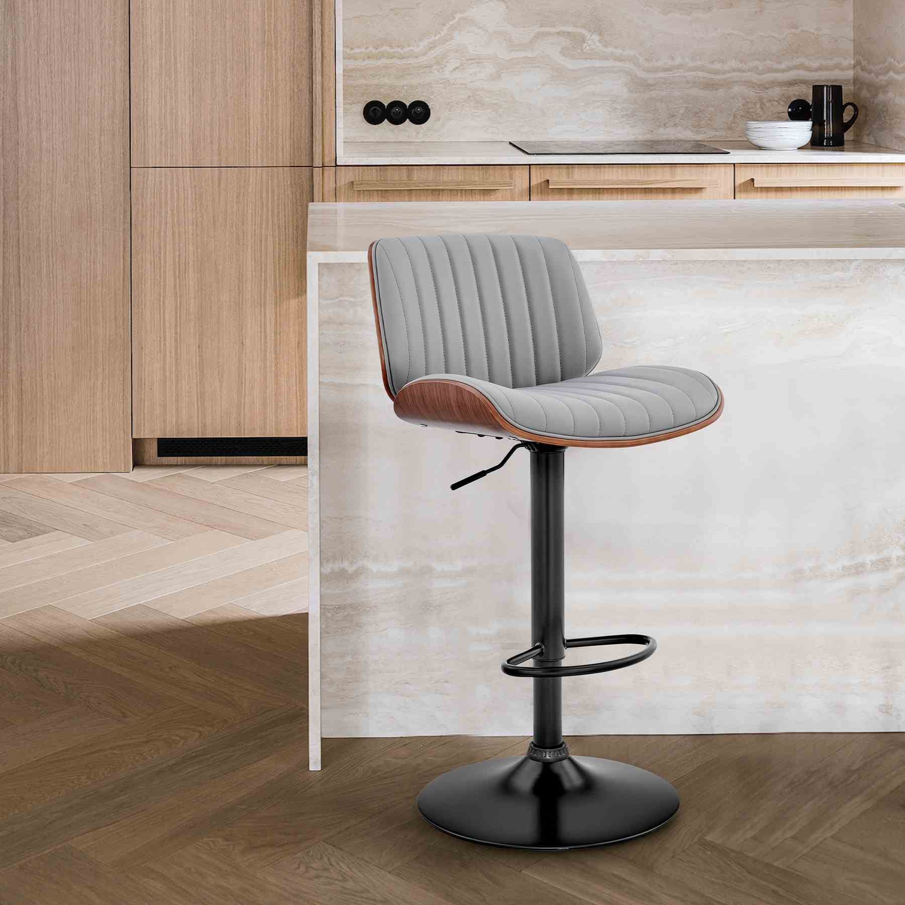 Brock Adjustable Gray Faux Leather and Walnut Wood with Black Finish Bar Stool - Image 11