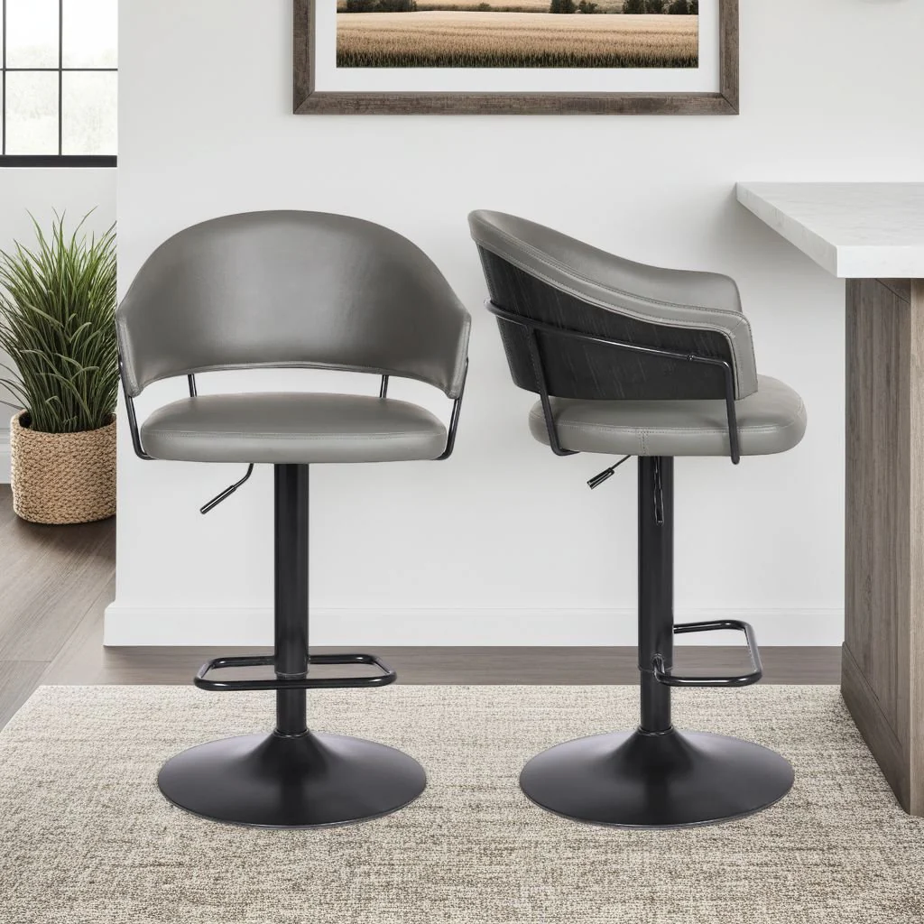 Brody Adjustable Height Swivel Gray Faux Leather and Black Wood and Metal Base Bar Stool - Image 6