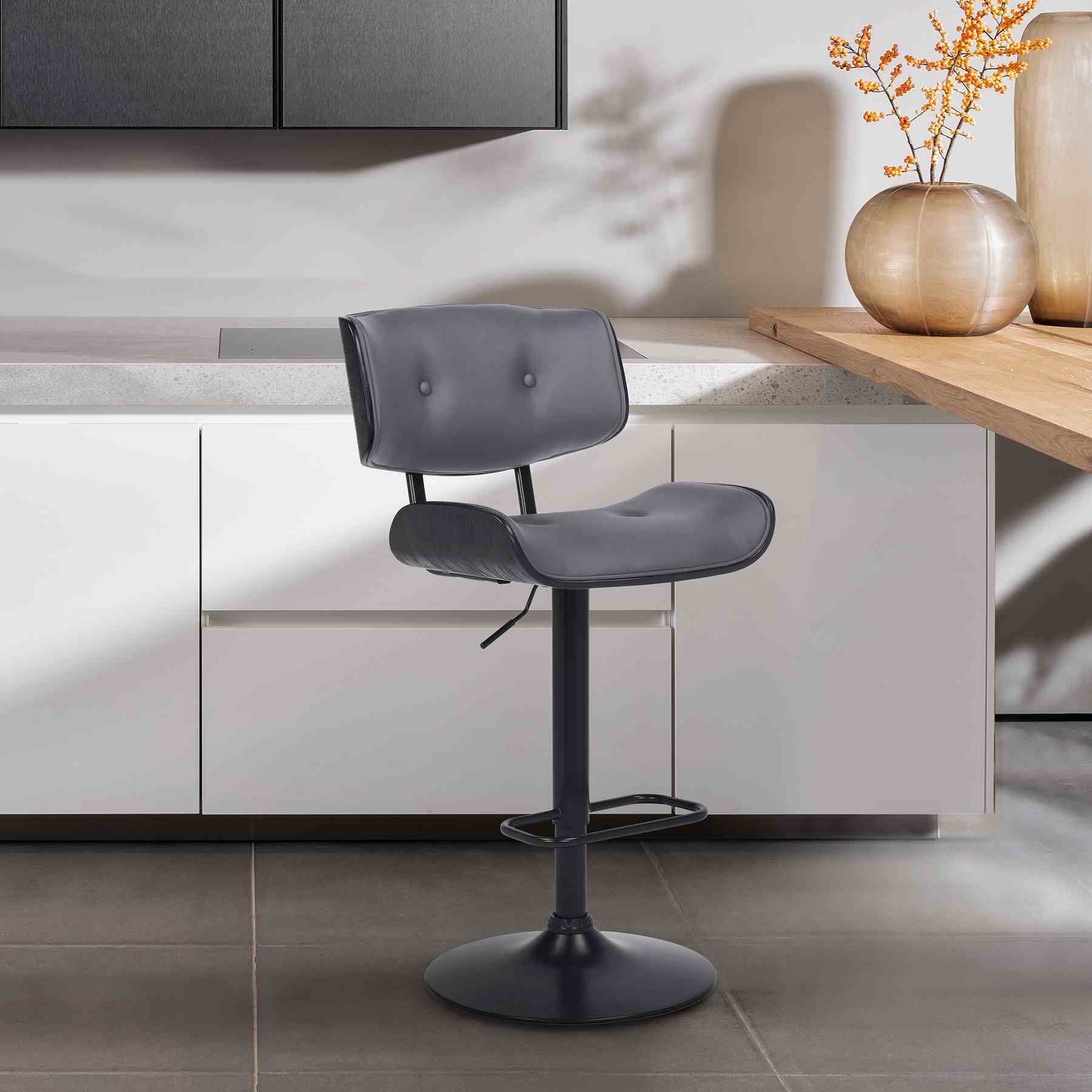 Brooklyn Adjustable Swivel Gray Faux Leather and Black Wood Bar Stool with Black Base - Image 10