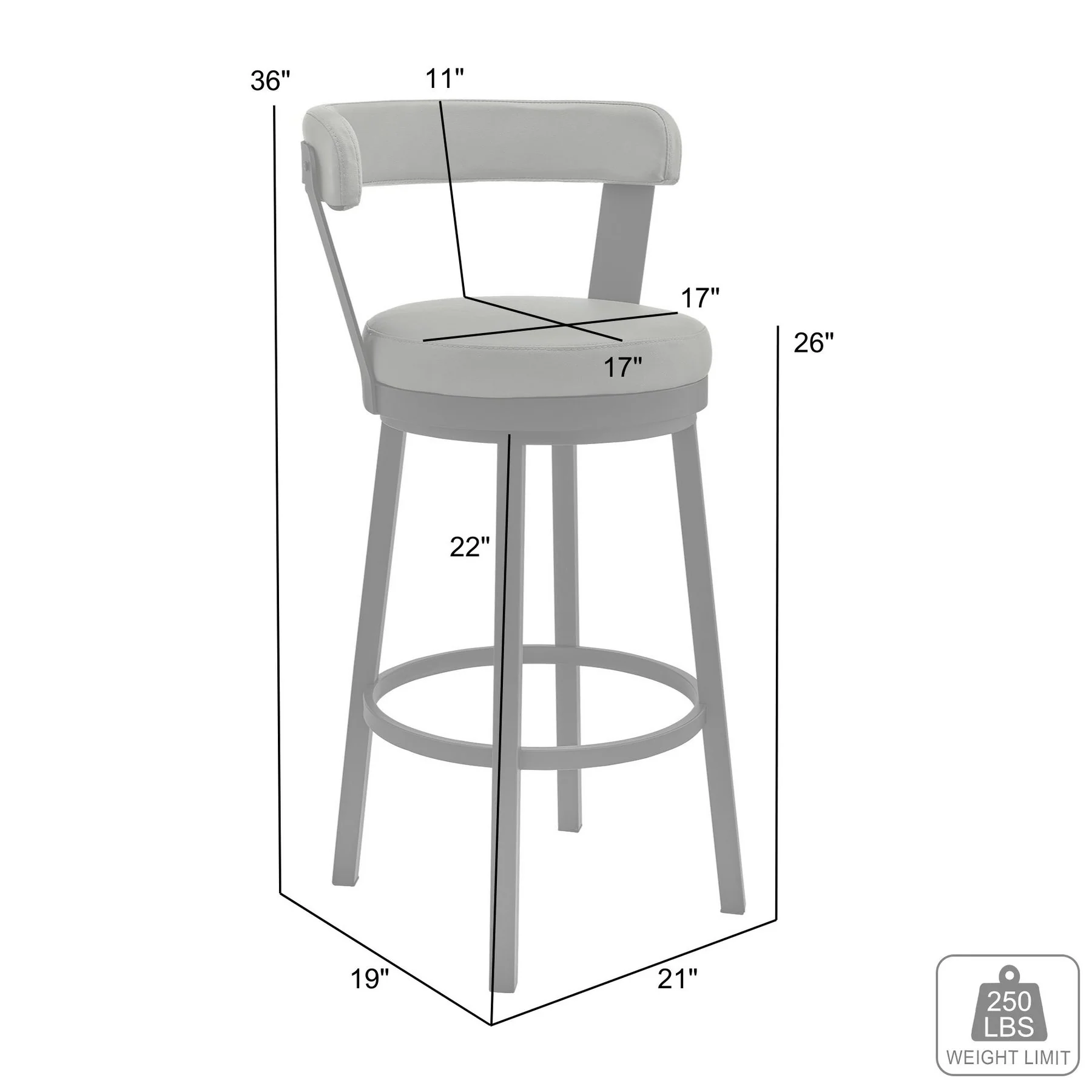 Bryant 26" Counter Height Swivel Bar Stool in Black Finish and Gray Faux Leather - Image 9
