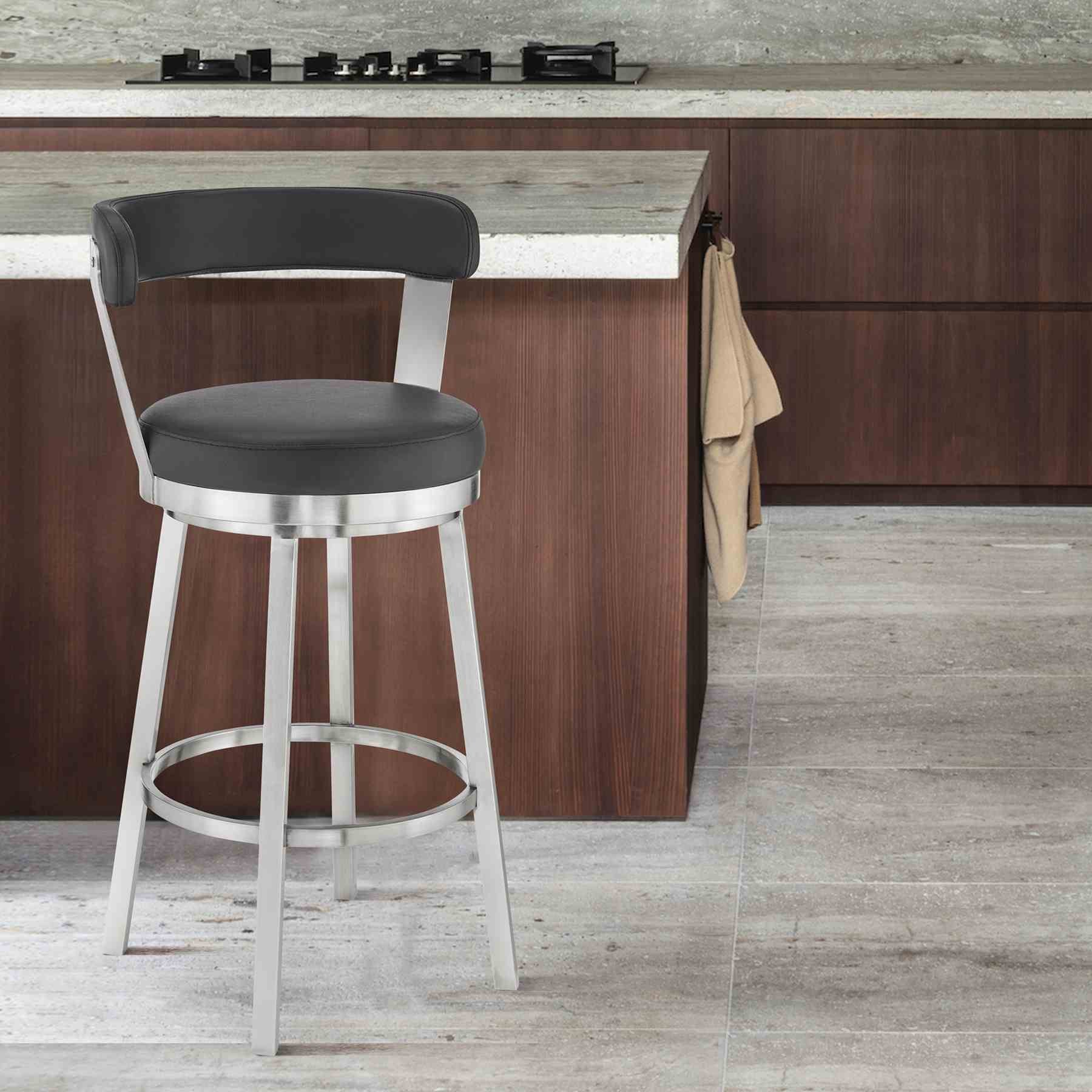Bryant 26" Counter Height Swivel Bar Stool in Brushed Stainless Steel Finish and Black Faux Leather - Image 9