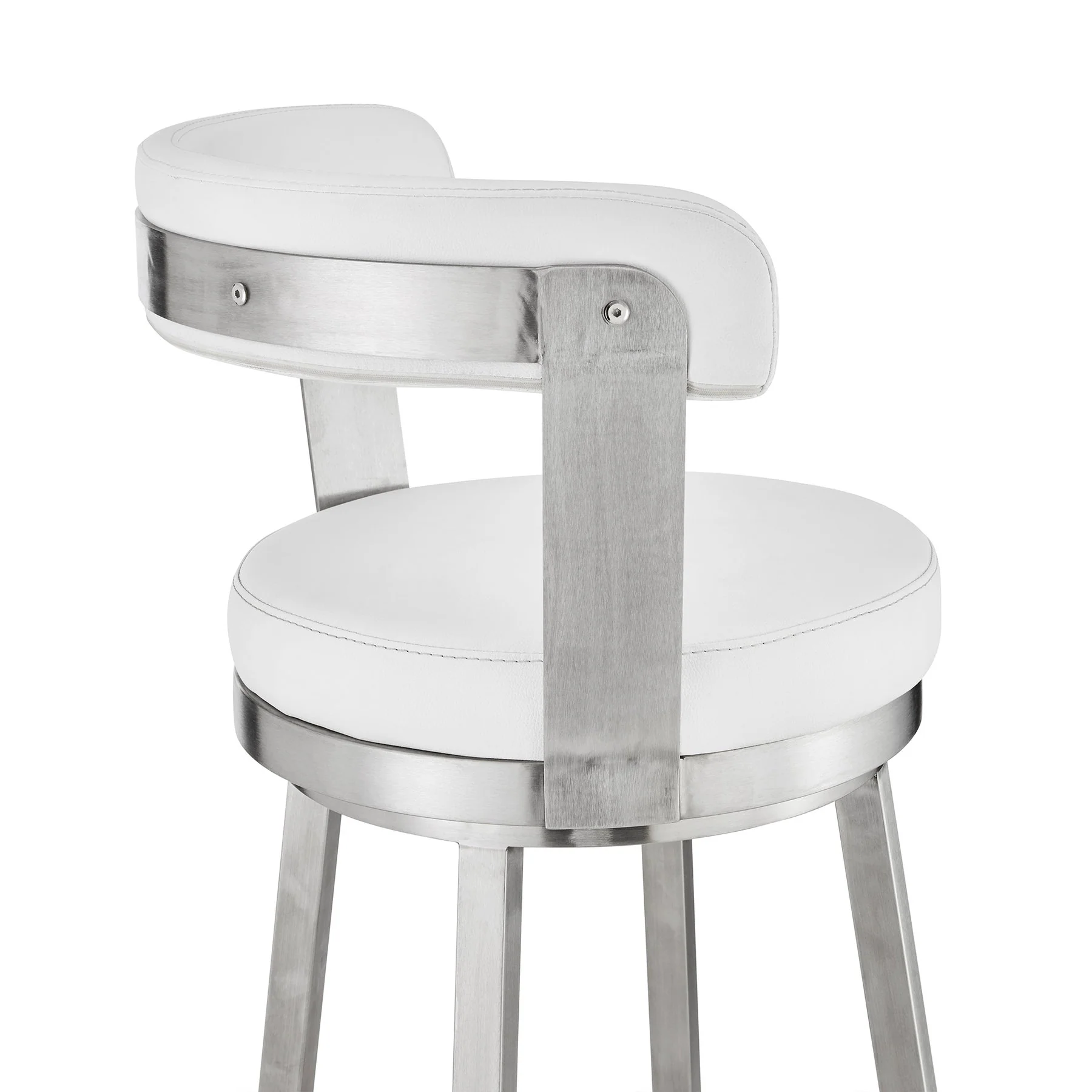 Bryant 26" Counter Height Swivel Bar Stool in Brushed Stainless Steel Finish and White Faux Leather - Image 7