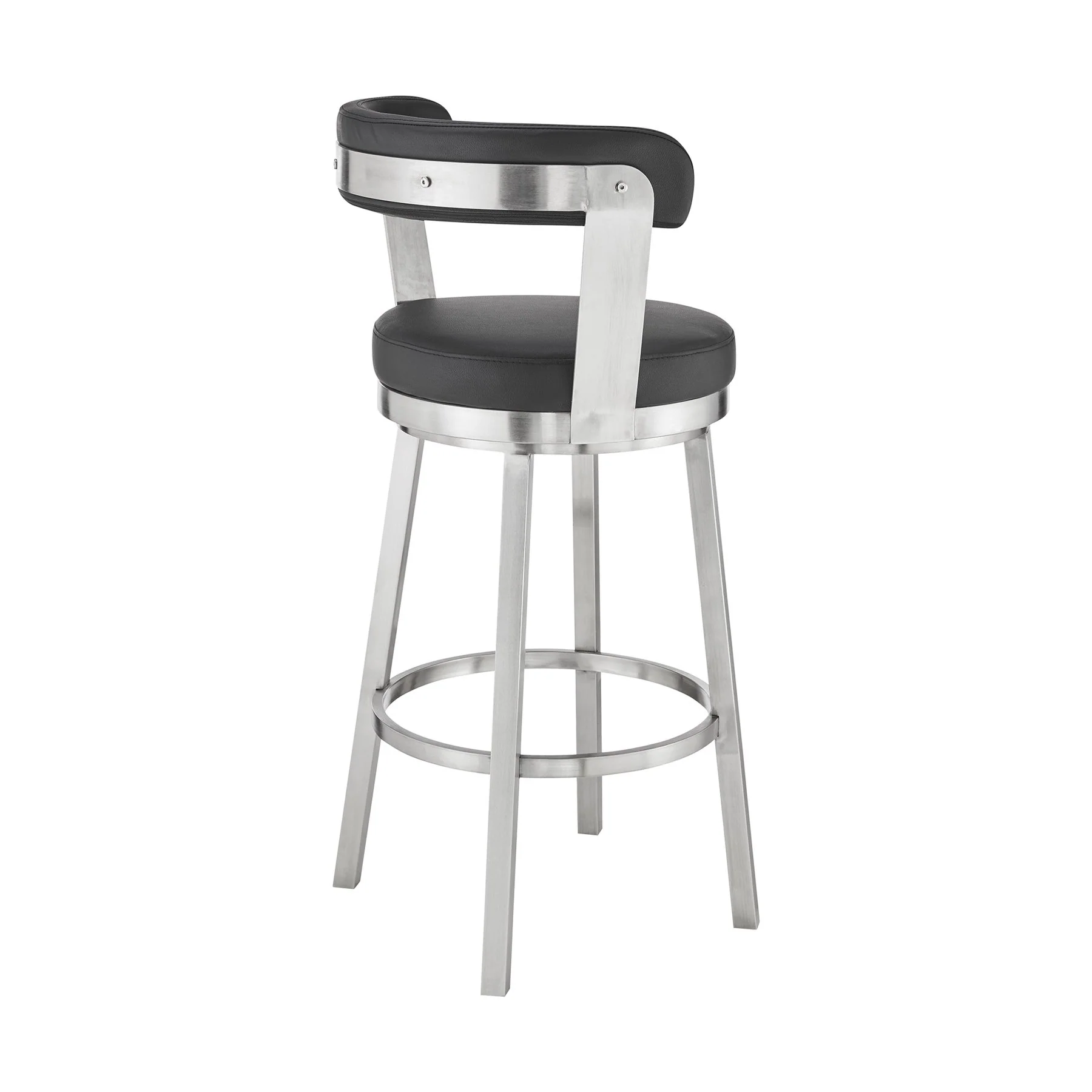 Bryant 30" Bar Height Swivel Bar Stool in Brushed Stainless Steel Finish and Black Faux Leather - Image 4