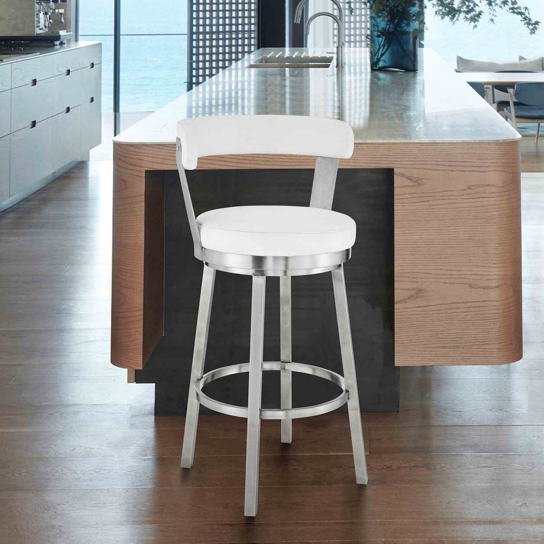 Bryant 30" Bar Height Swivel Bar Stool in Brushed Stainless Steel Finish and White Faux Leather - Image 9