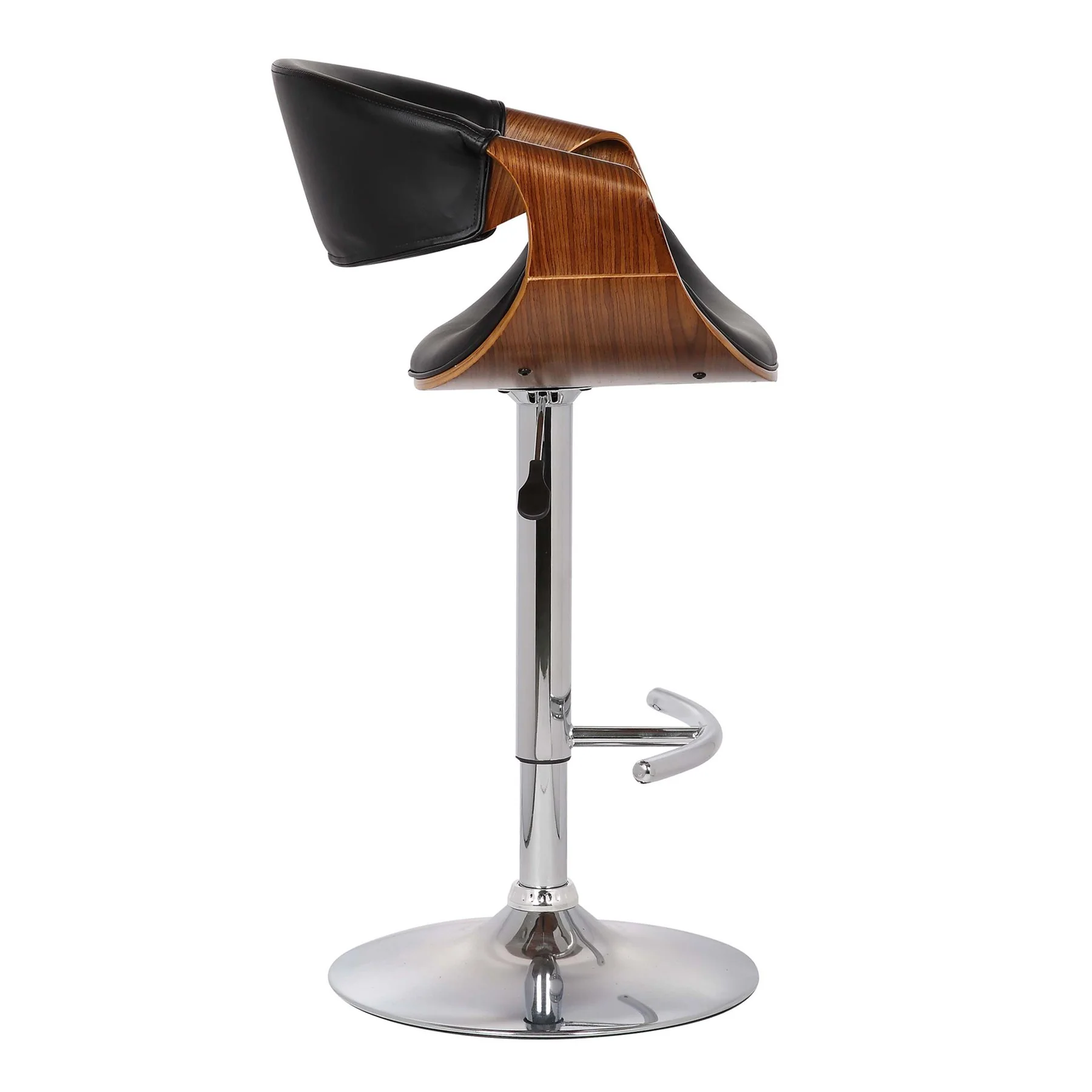 Butterfly Adjustable Height Swivel Black Faux Leather and Walnut Wood Bar Stool with Chrome Base - Image 2