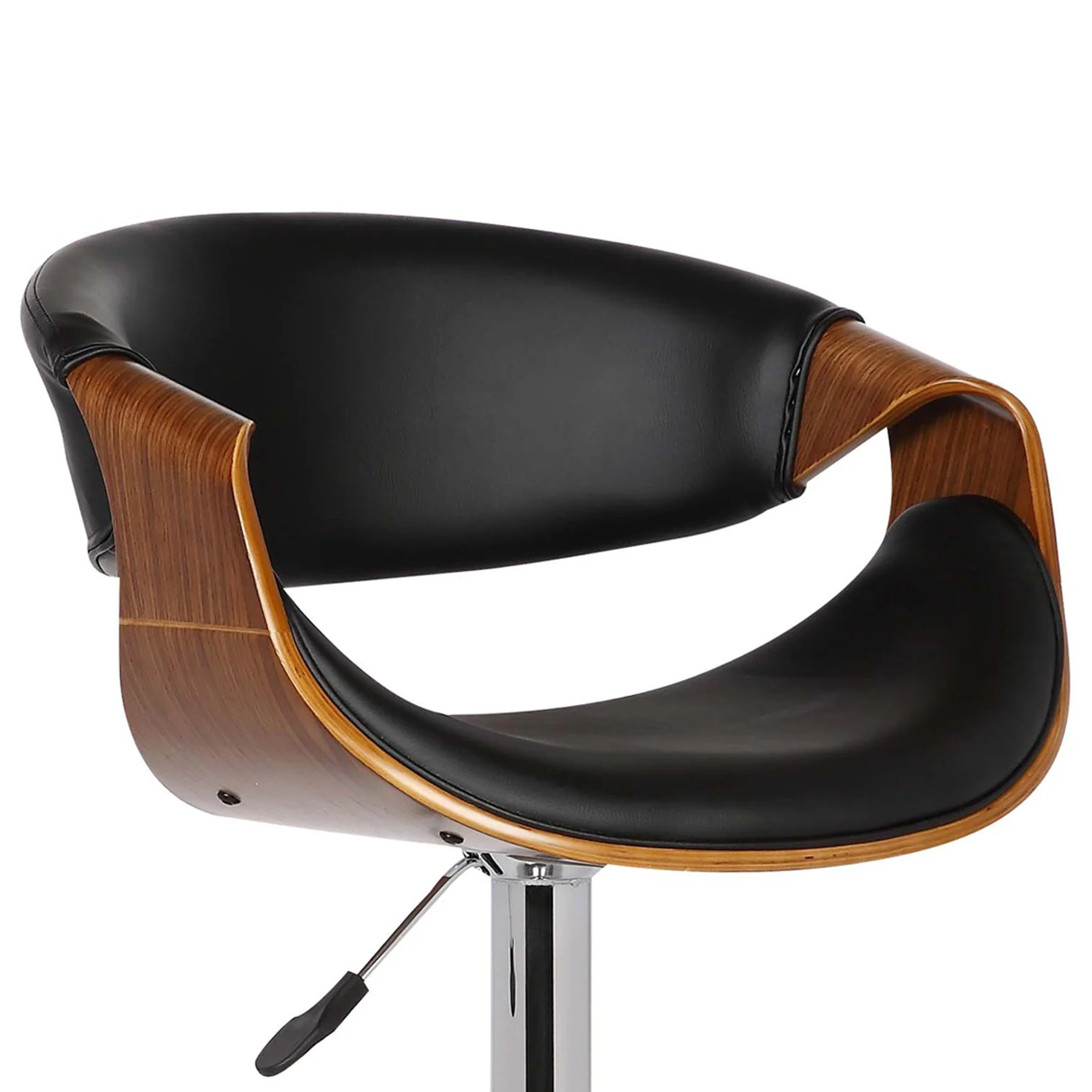 Butterfly Adjustable Height Swivel Black Faux Leather and Walnut Wood Bar Stool with Chrome Base - Image 4