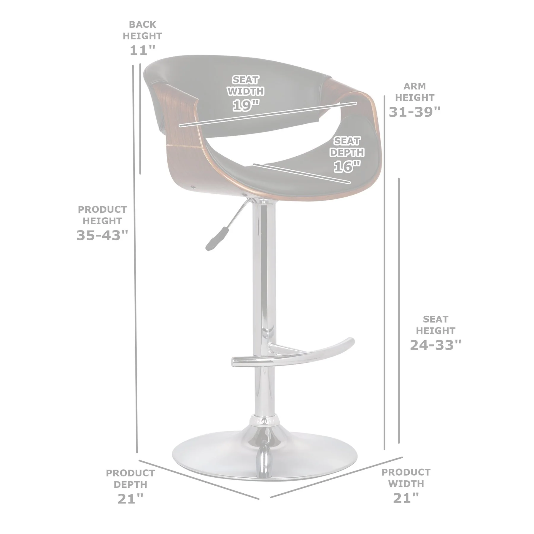 Butterfly Adjustable Height Swivel Gray Faux Leather and Walnut Wood Bar Stool with Chrome Base - Image 7