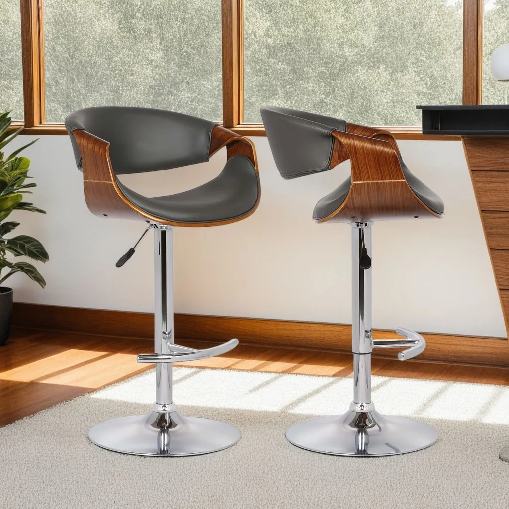 Butterfly Adjustable Height Swivel Gray Faux Leather and Walnut Wood Bar Stool with Chrome Base - Image 8