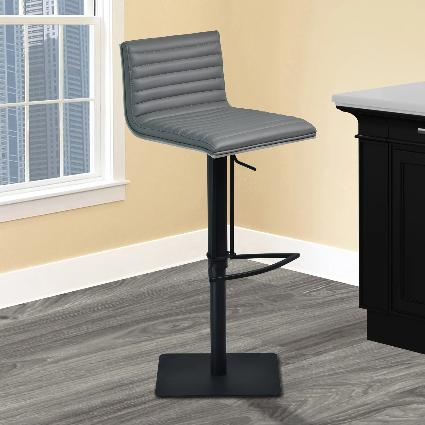 Café Adjustable Height Swivel Gray Faux Leather and Gray Walnut Wood Bar Stool with Black Metal Base - Image 9
